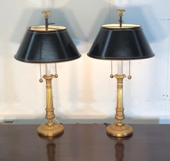 Pair of French Empire Gilt Bronze Candlesticks with Tôle Shades, 19th Century