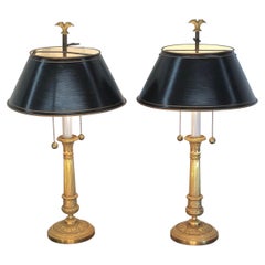 Pair of French Empire Gilt Bronze Candlesticks with Tôle Shades, 19th Century