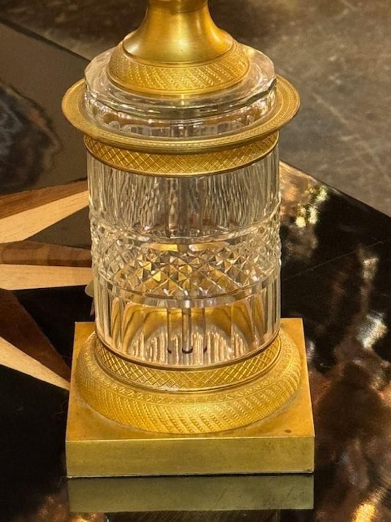 Pair of French Empire Gilt Bronze Crystal Urn Lamps In Good Condition For Sale In Dallas, TX