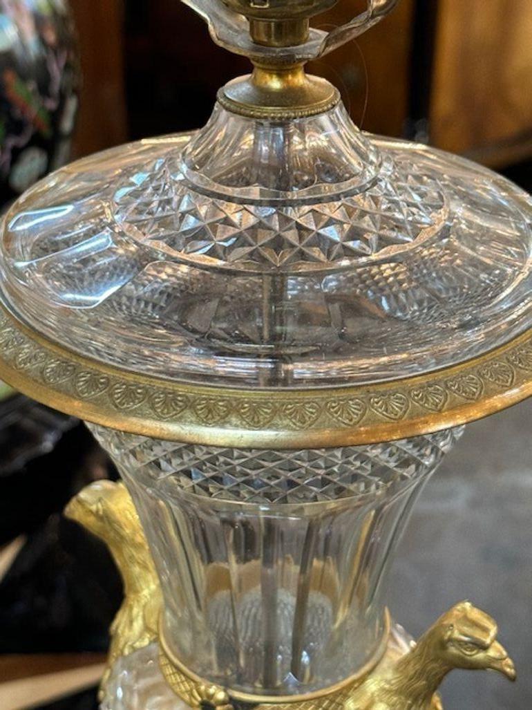 Pair of French Empire Gilt Bronze Crystal Urn Lamps For Sale 2