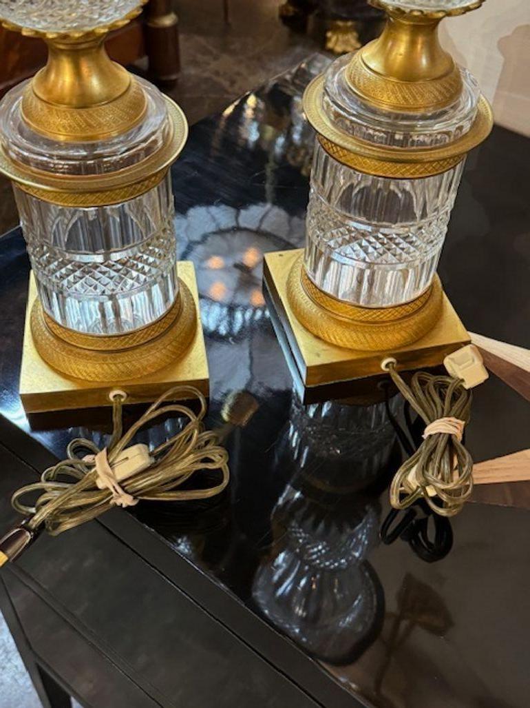 Pair of French Empire Gilt Bronze Crystal Urn Lamps For Sale 4