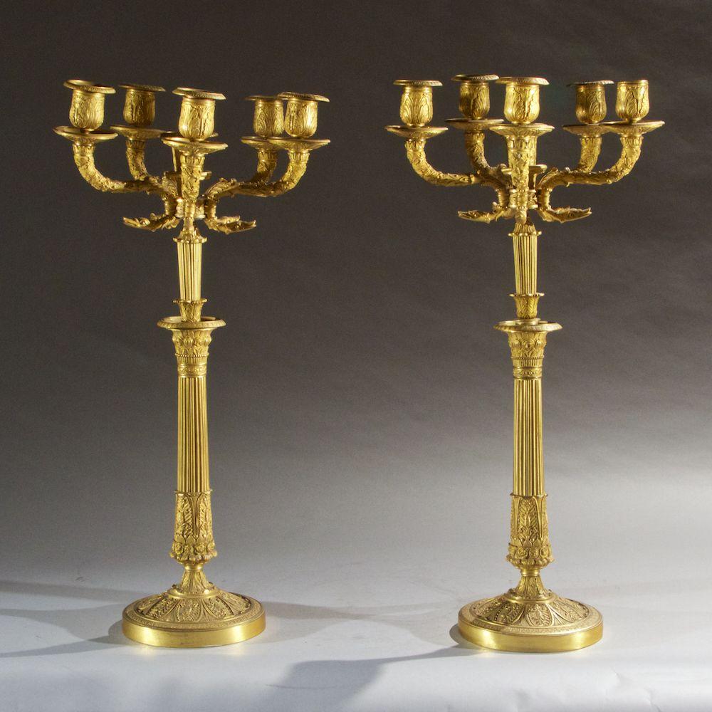 Pair of early 19th century French gilt bronze five-light candelabra.