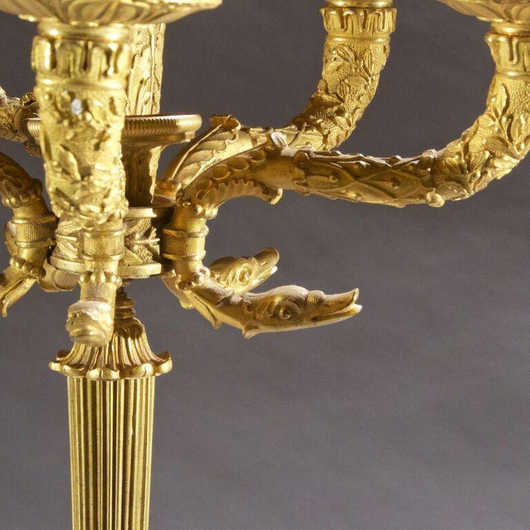 Mid-19th Century Pair of French Empire Gilt Bronze Five-Light Candelabra