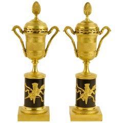 Pair of French Empire Gilt Bronze Love Symbols Candlesticks or Cassolettes