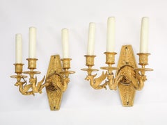 Pair of French Empire Gilt Bronze Three Light Dragon Form Wall Sconces