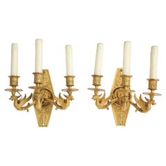 Pair of French Empire Gilt Bronze Three Light Dragon Form Wall Sconces