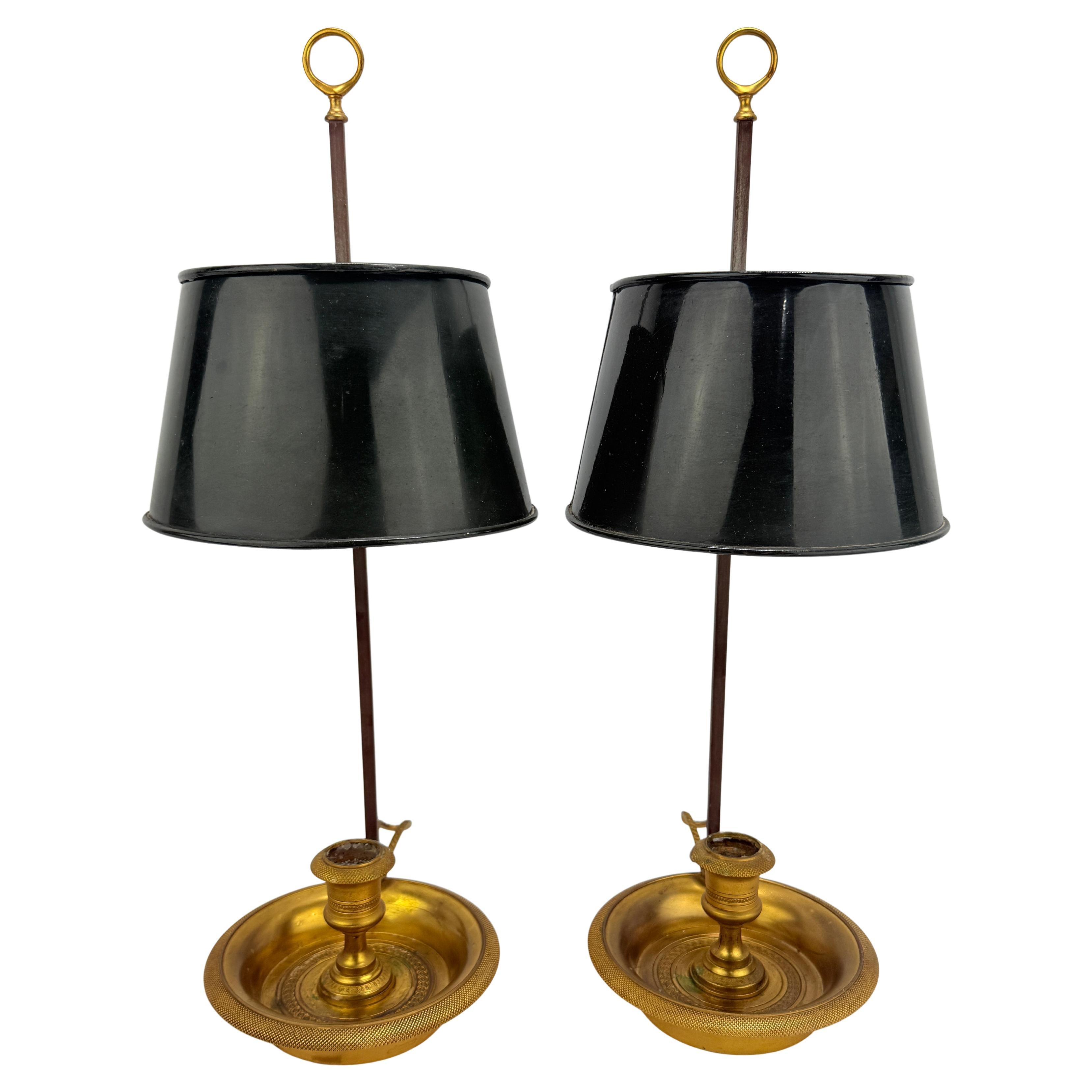 Pair of French Empire Gilt-Bronze & Tole Bouillotte Candlesticks, E 20th Century in vendita