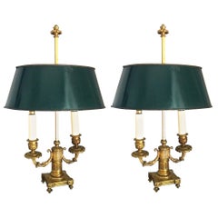 Pair of French Empire Gilt Bronze Two-Arm Bouillotte Lamps or Table Lamps, 1815