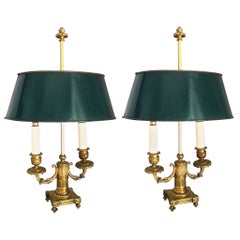 Antique Pair of French Empire Gilt Bronze Two-Arm Bouillotte Lamps or Table Lamps, 1815