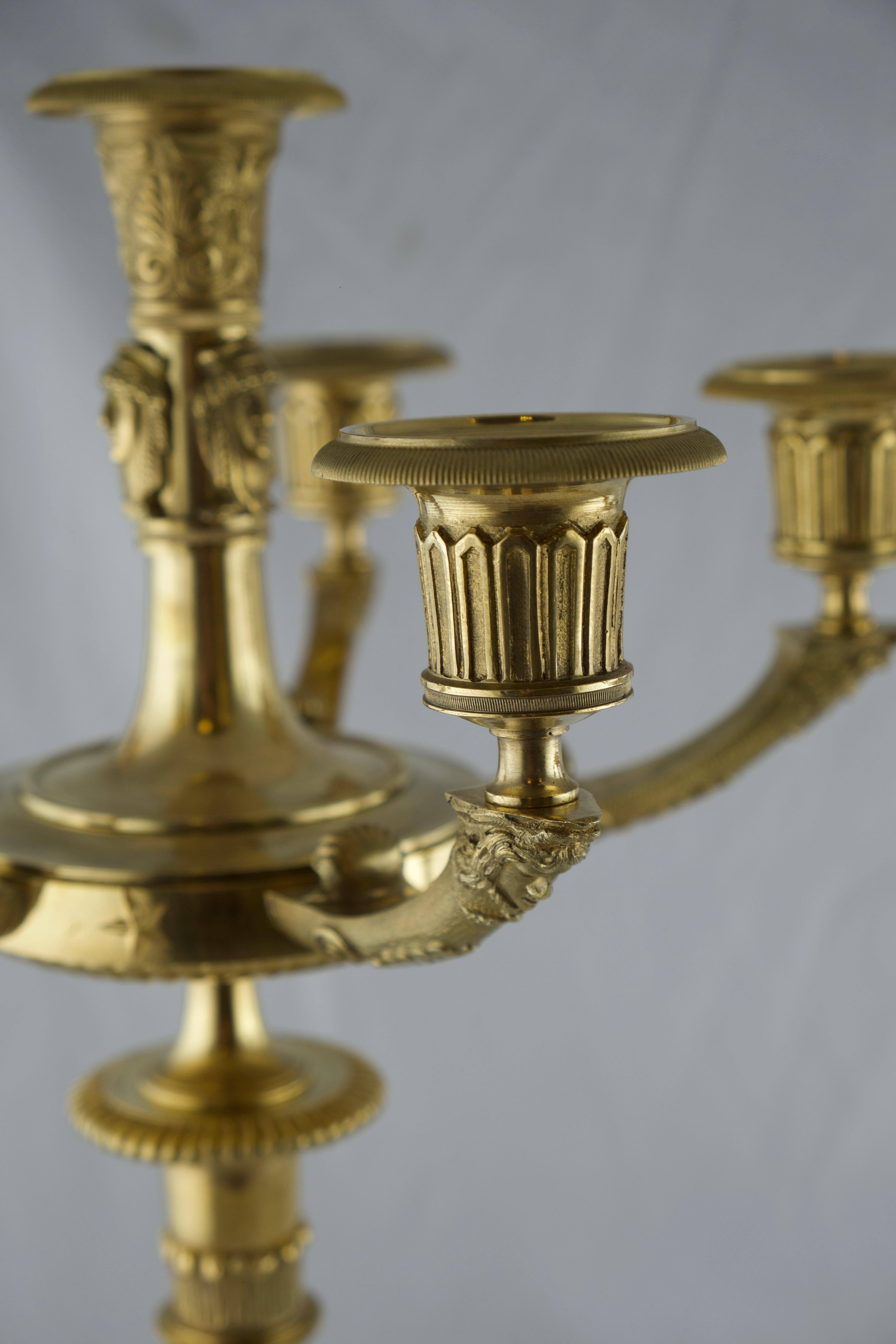 Bronze Pair of French Empire Gilt Candelabra, Early 19th C