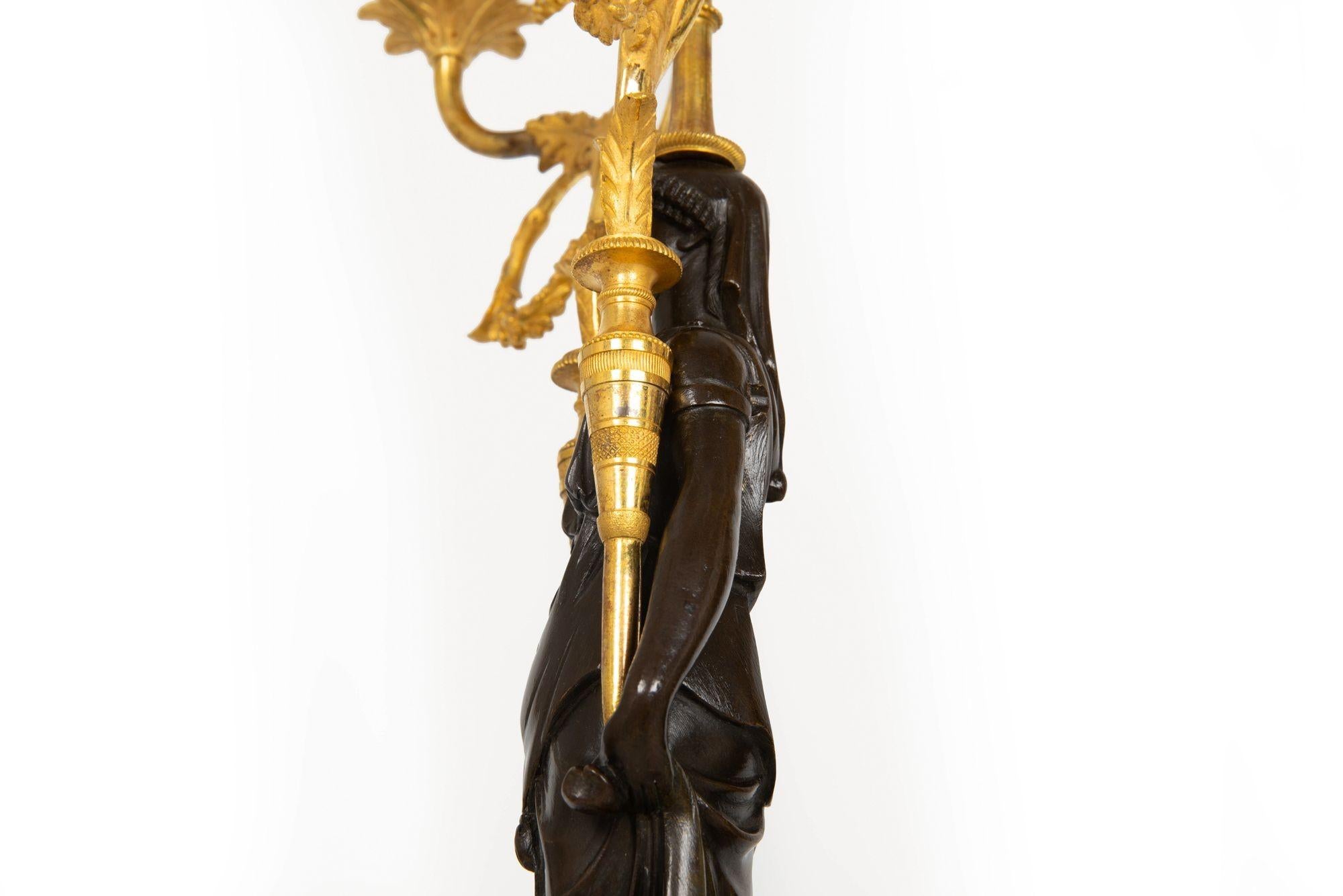 Pair of French Empire Gilt Patinated Bronze Three-Light Candelabra ca. 1815 For Sale 11