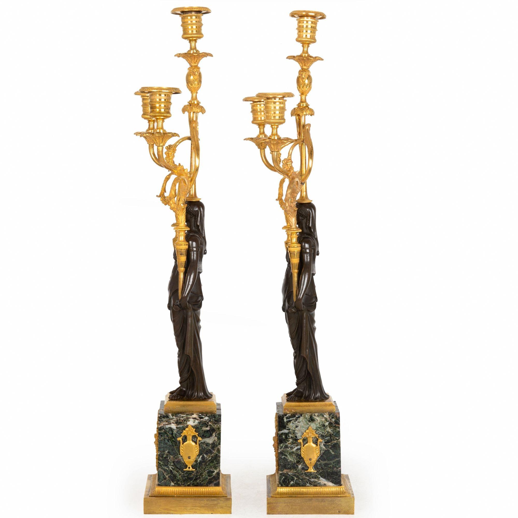 19th Century Pair of French Empire Gilt Patinated Bronze Three-Light Candelabra ca. 1815 For Sale