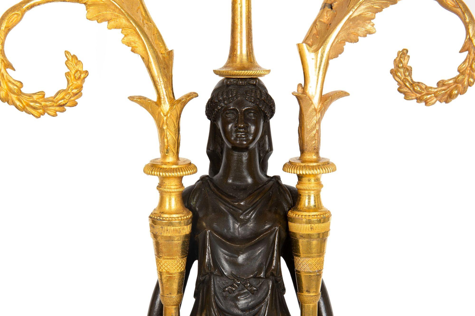 Pair of French Empire Gilt Patinated Bronze Three-Light Candelabra ca. 1815 For Sale 2