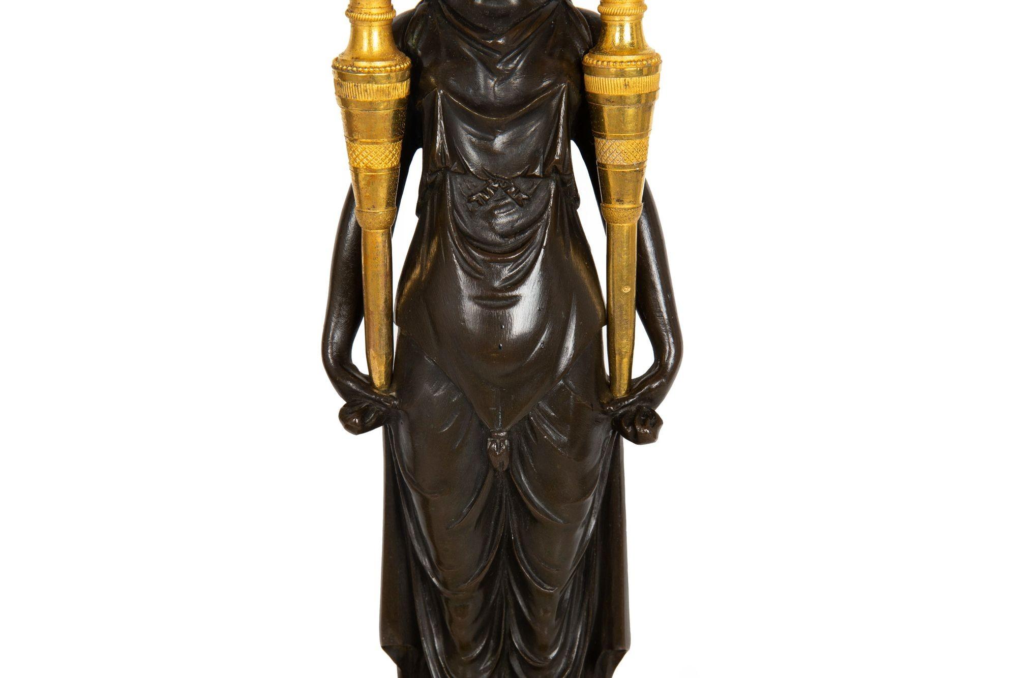 Pair of French Empire Gilt Patinated Bronze Three-Light Candelabra ca. 1815 For Sale 3