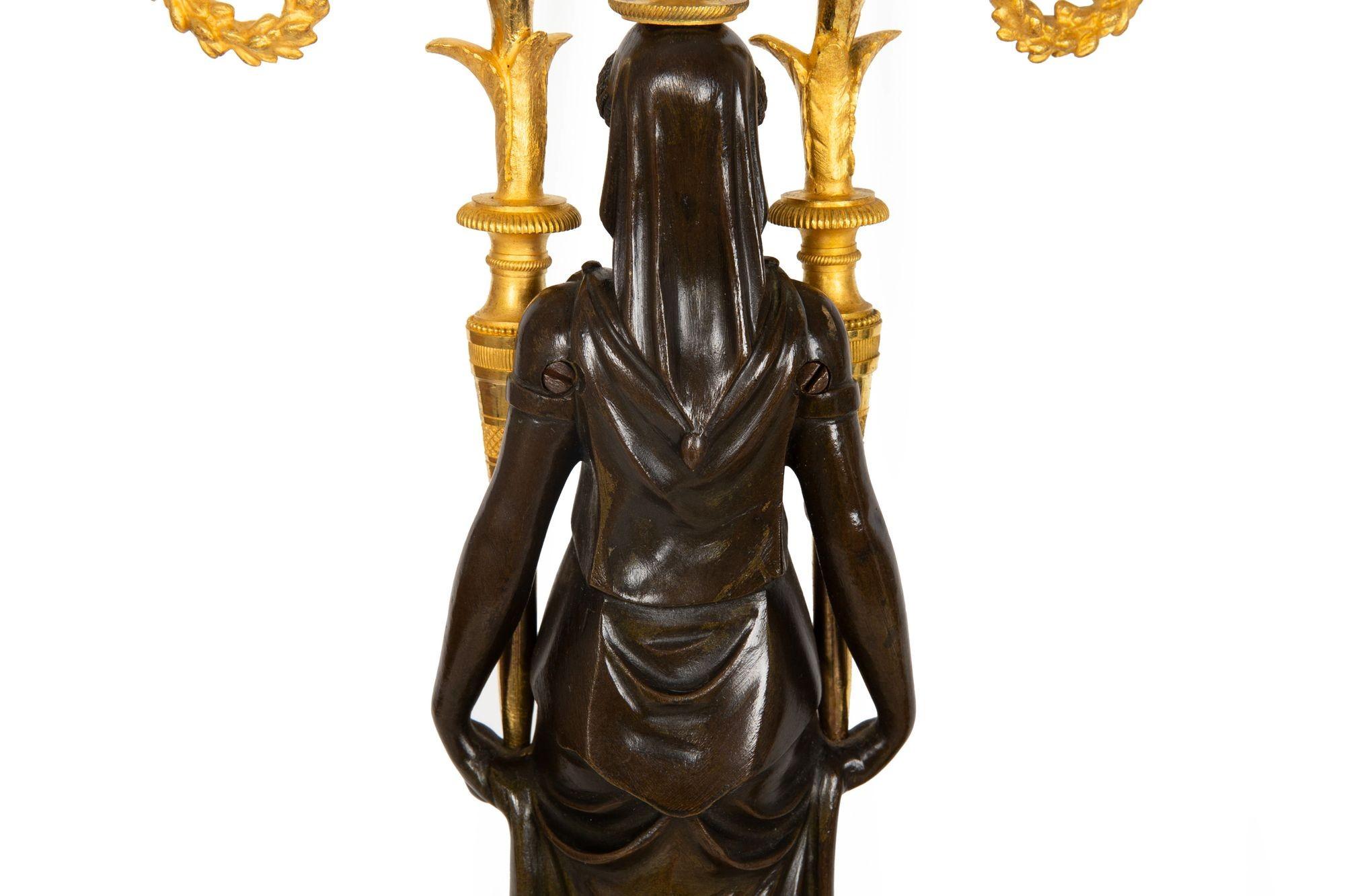 Pair of French Empire Gilt Patinated Bronze Three-Light Candelabra ca. 1815 For Sale 4