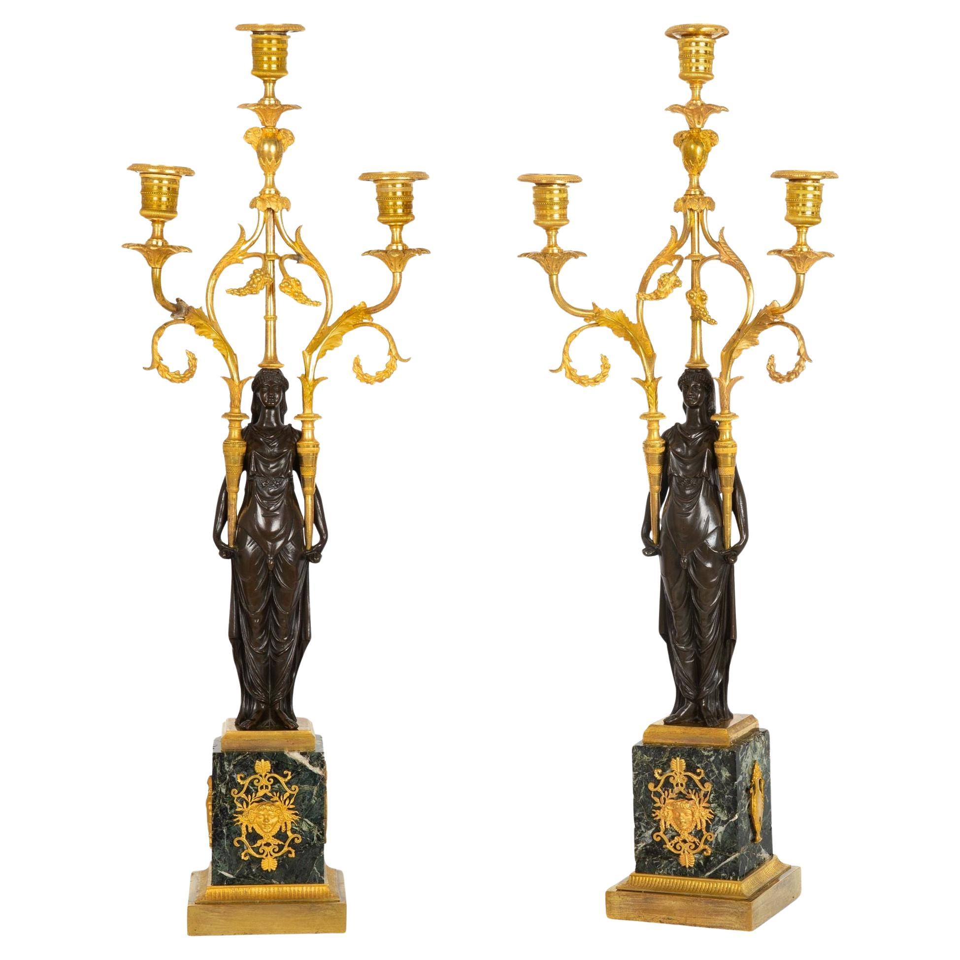 Pair of French Empire Gilt Patinated Bronze Three-Light Candelabra ca. 1815