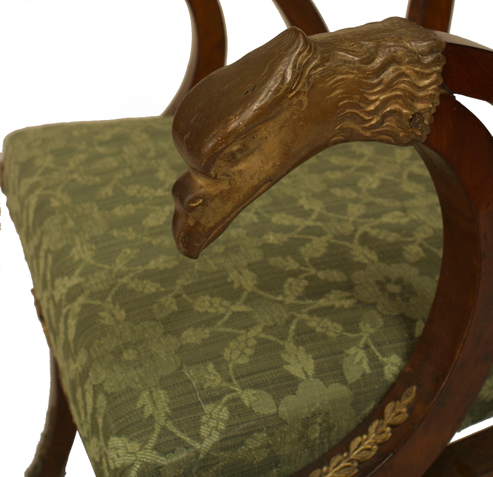 19th Century Pair of French Empire Green Armchairs with Bronze Mounts For Sale