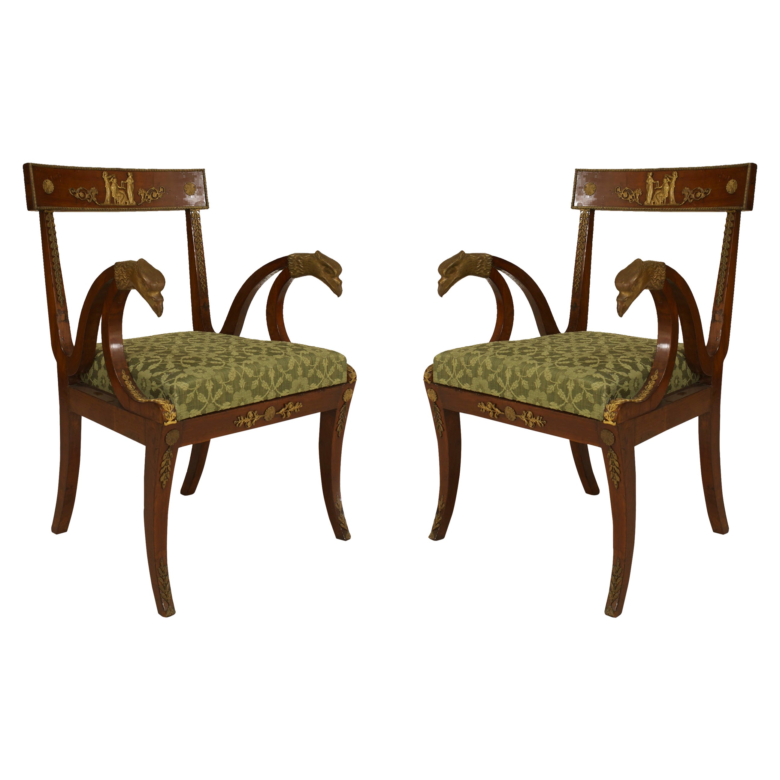 Coppia di poltrone francesi Greene & Greene con montature in bronzo