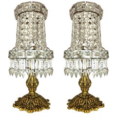 Antique Pair of French Empire Hollywood Regency in Bronze and Clear Crystal Table Lamps