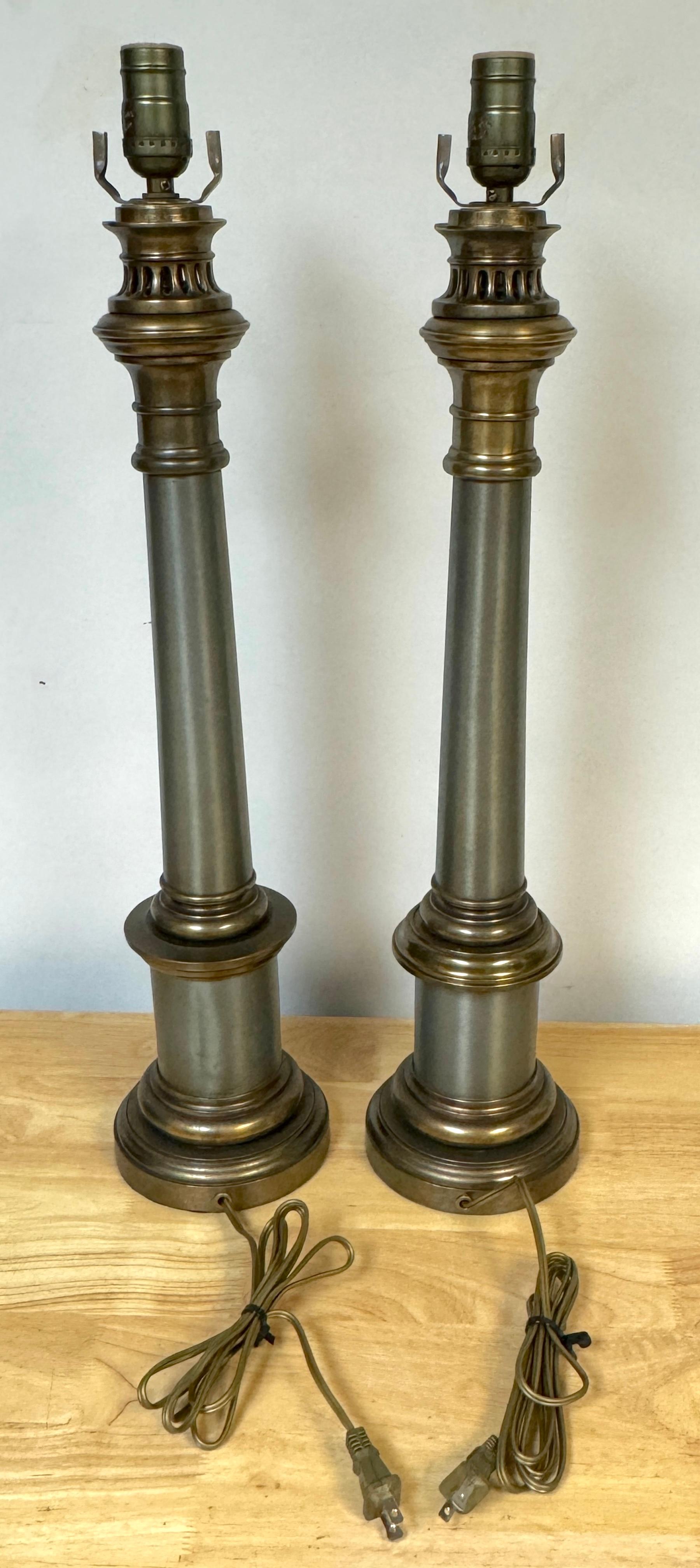 19th Century Pair of French Empire Lampea A. Moderateur Steel & Brass Column Lamps, 1830s For Sale
