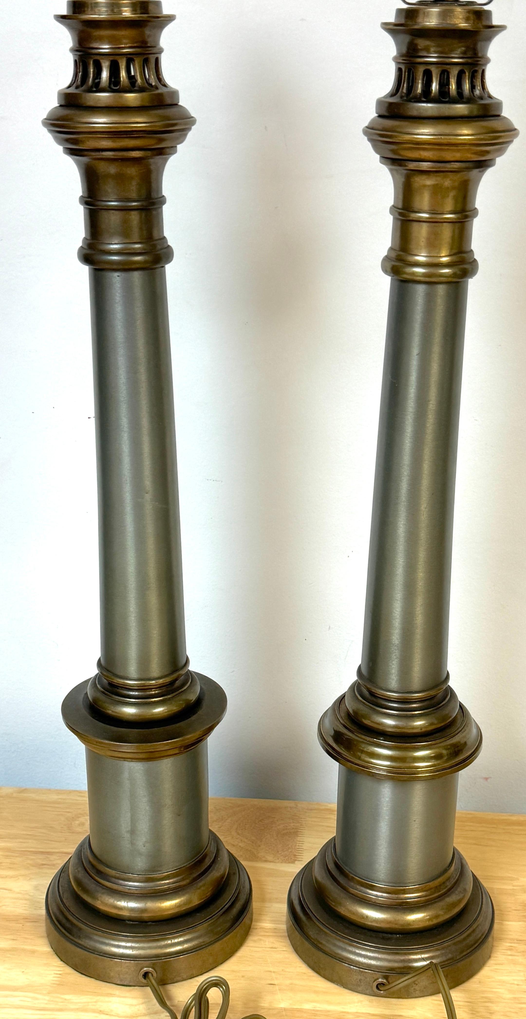 Pair of French Empire Lampea A. Moderateur Steel & Brass Column Lamps, 1830s For Sale 1