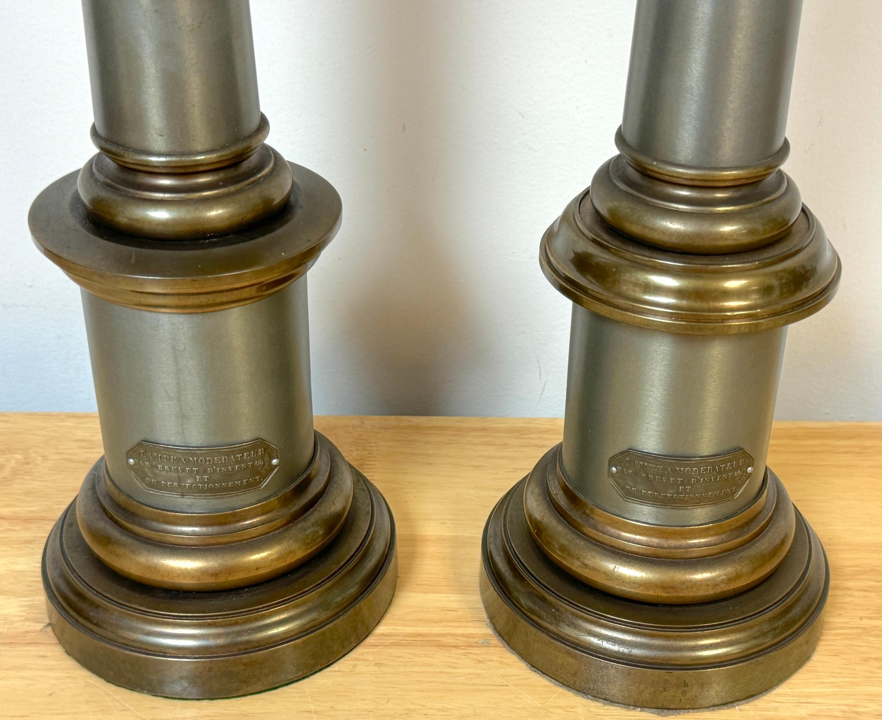 Pair of French Empire Lampea A. Moderateur Steel & Brass Column Lamps, 1830s For Sale 3