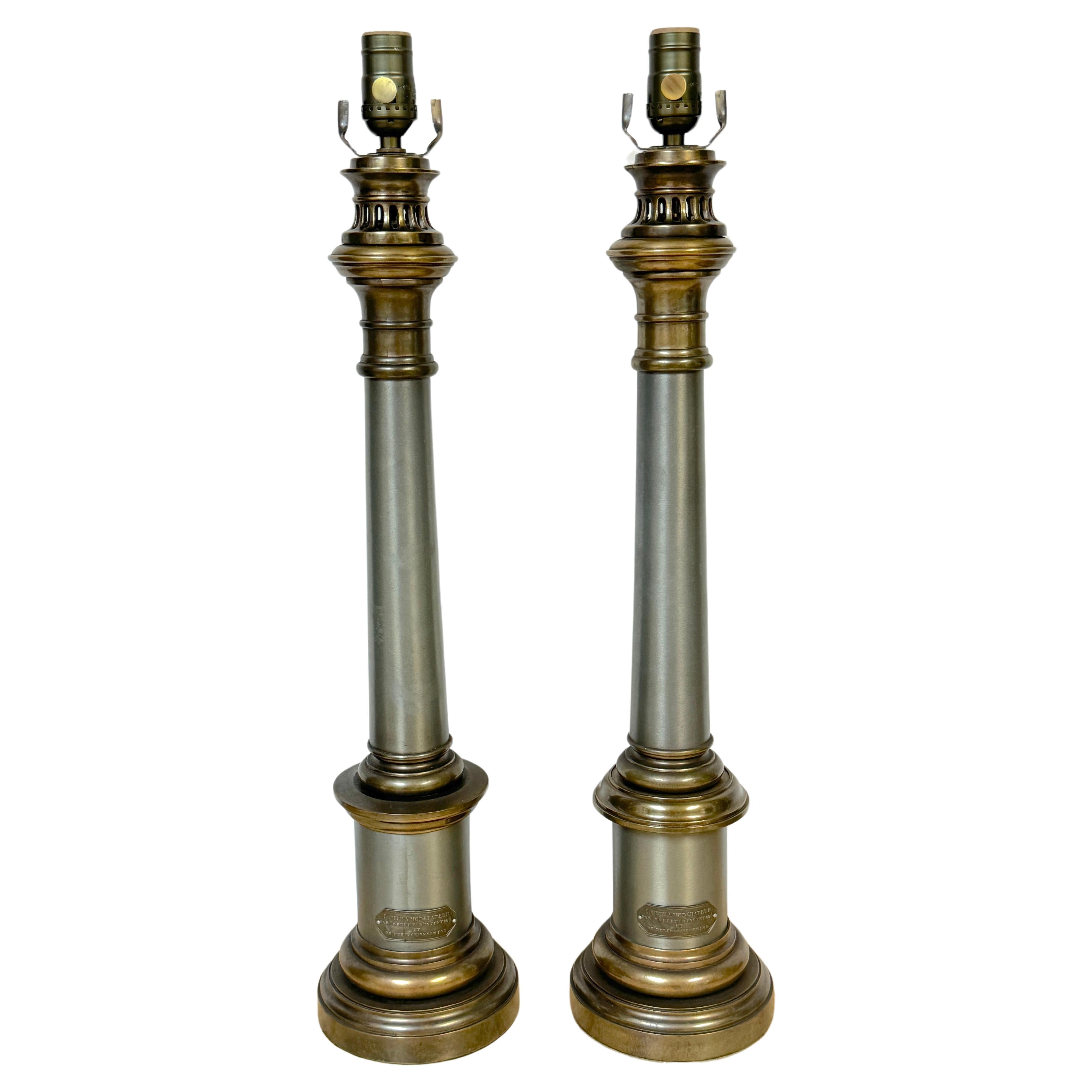 Pair of French Empire Lampea A. Moderateur Steel & Brass Column Lamps, 1830s For Sale