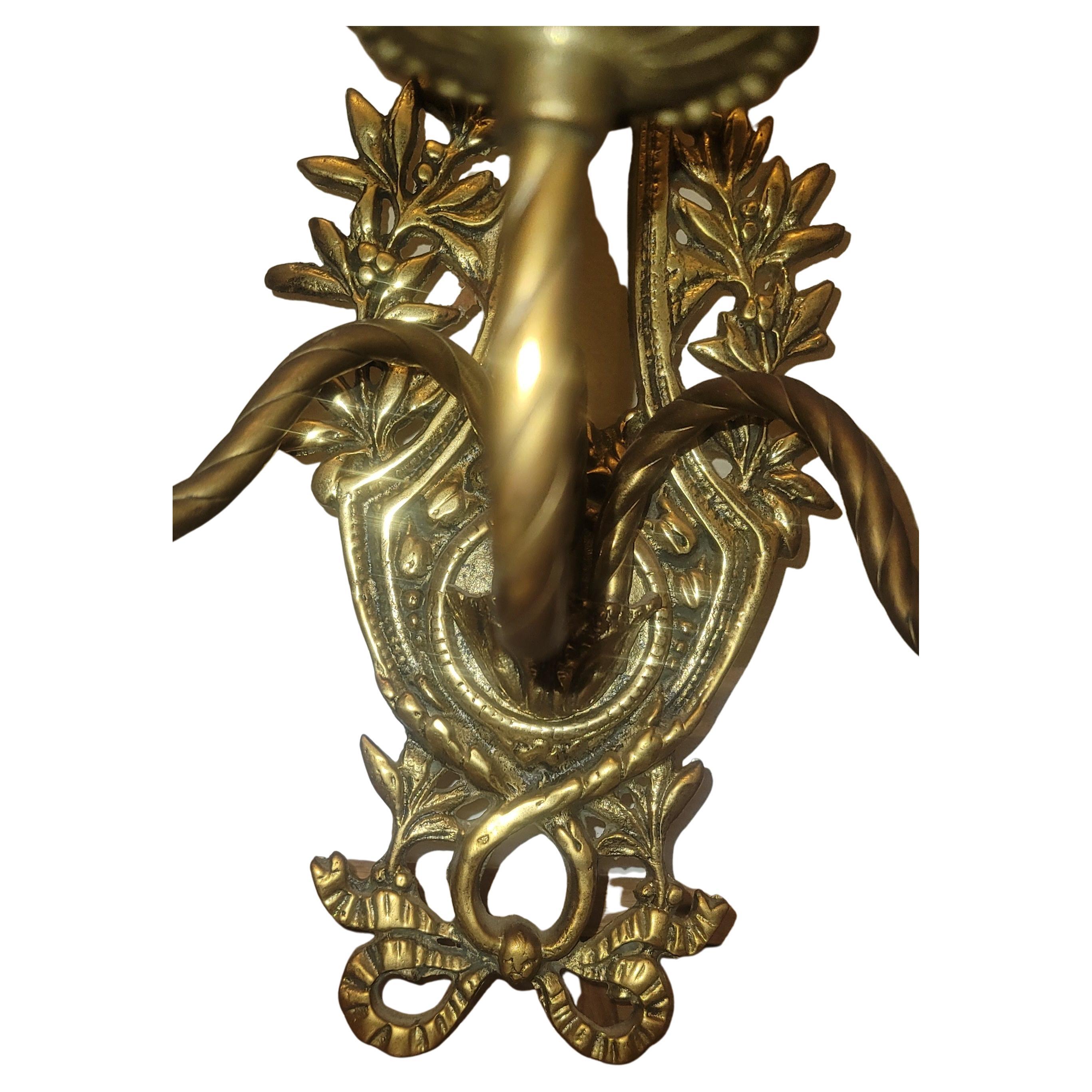 Gilt Pair of French Empire Louis XV 3-Arm Bronze Candle Sconces, circa 1910s For Sale
