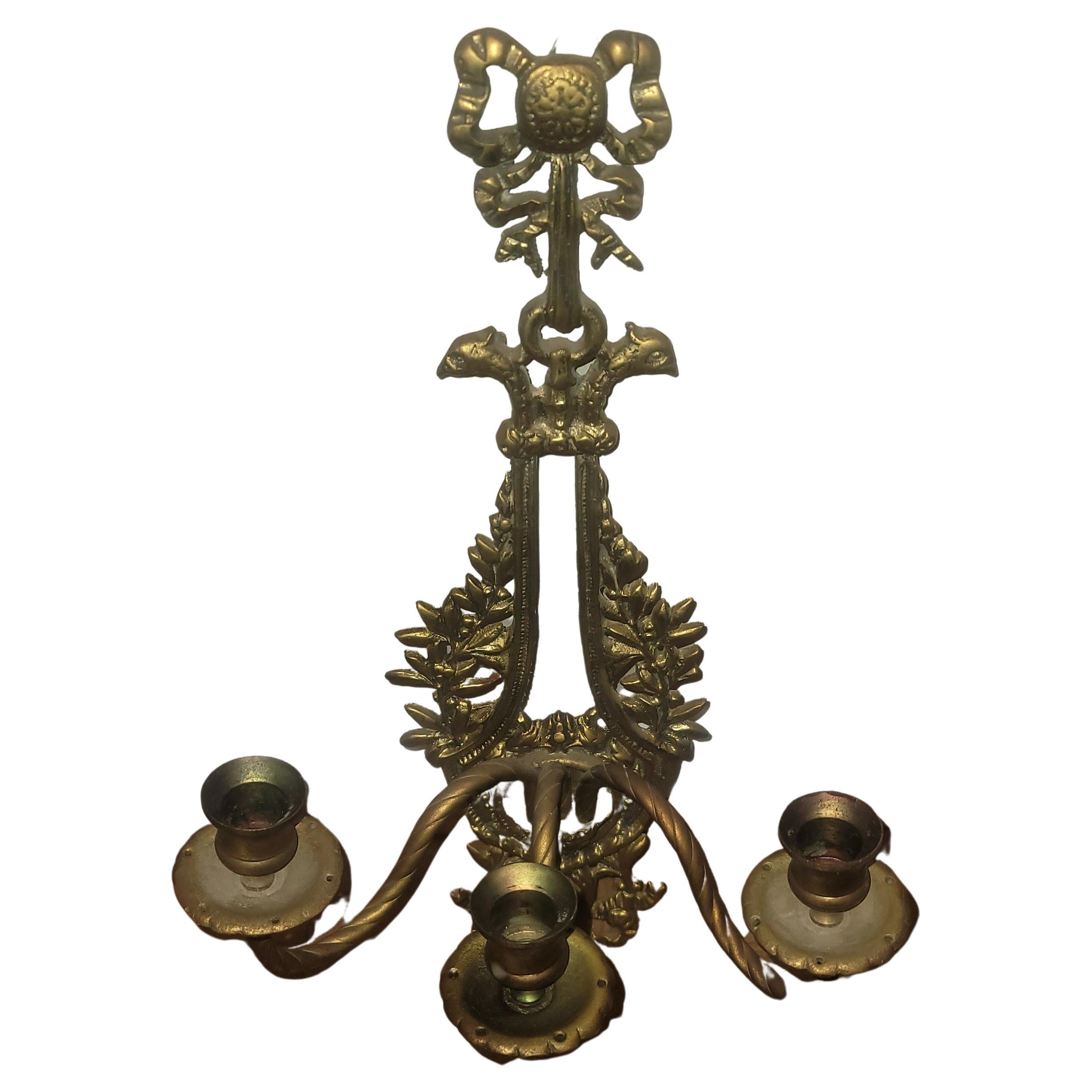 Pair of French Empire Louis XV 3-Arm Bronze Candle Sconces, circa 1910s For Sale 1