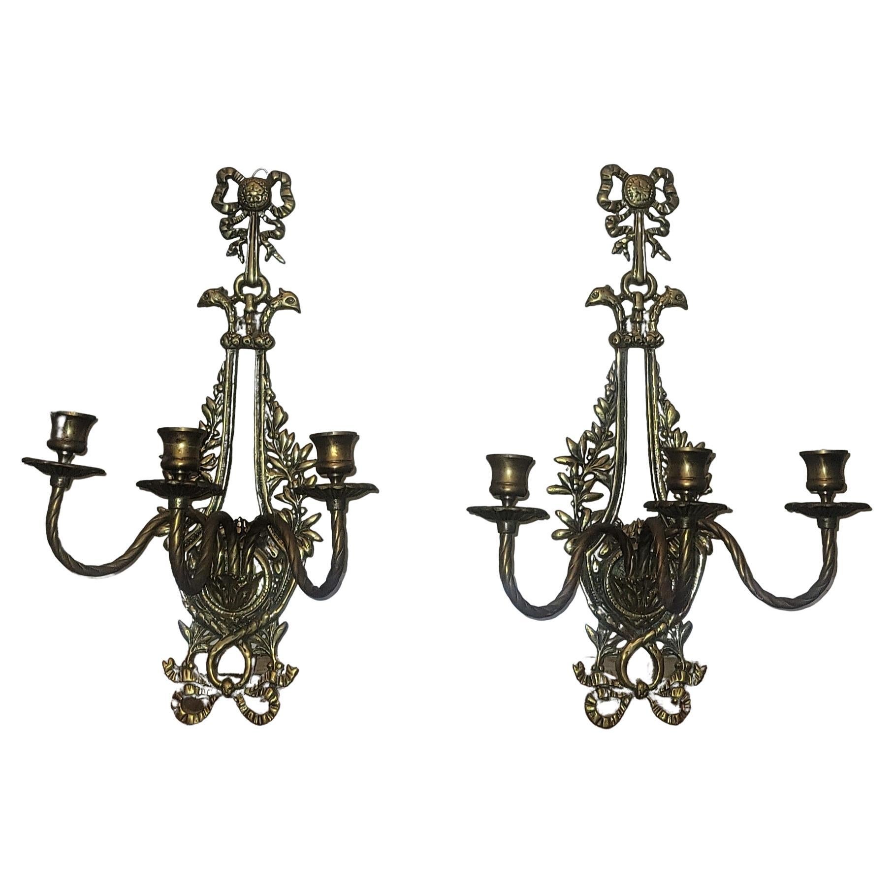 Pair of French Empire Louis XV 3-Arm Bronze Candle Sconces, circa 1910s For Sale 2