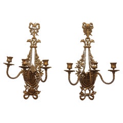 Antique Pair of French Empire Louis XV 3-Arm Bronze Candle Sconces, circa 1910s