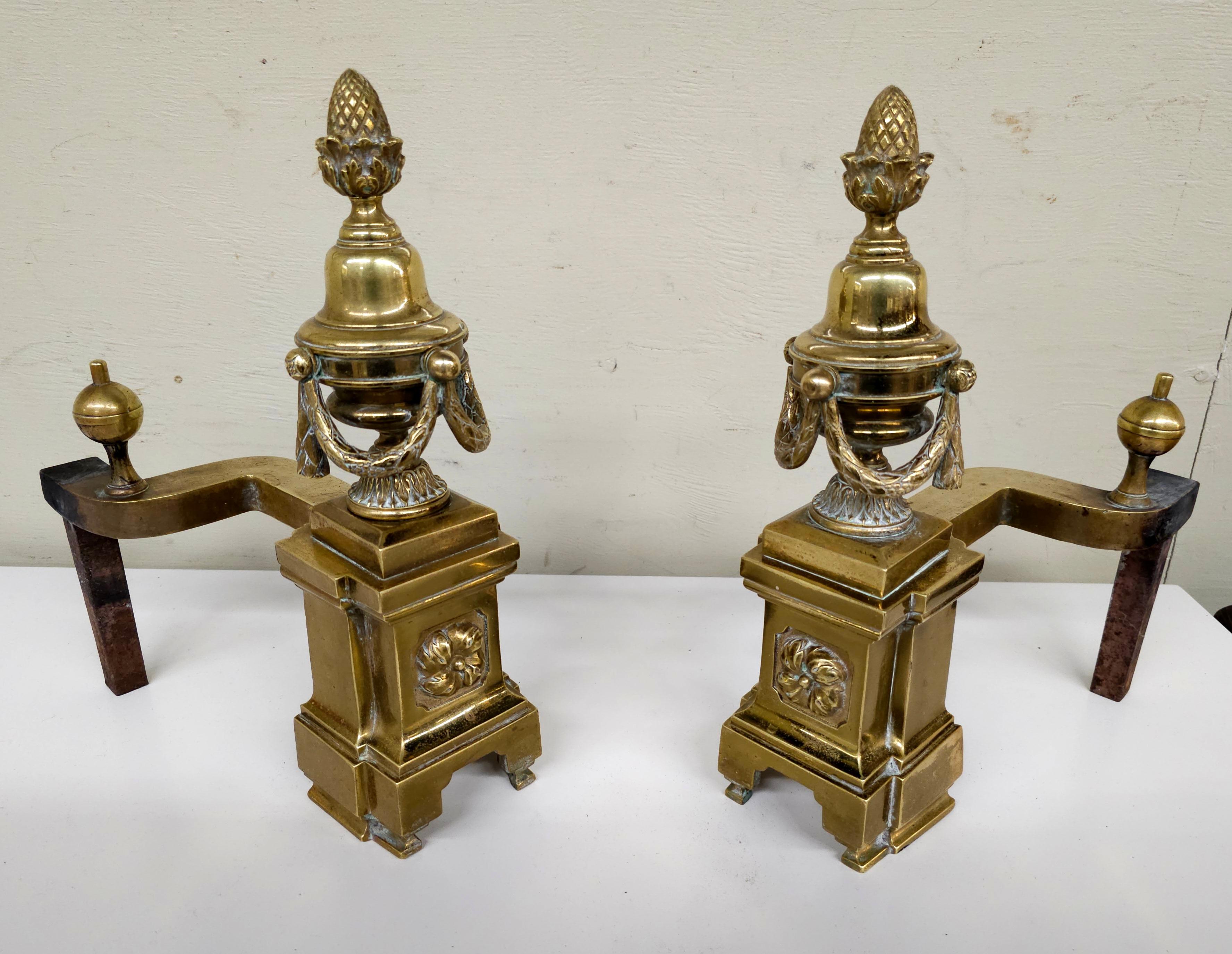 Pair of French Empire Louis XV Style Acorn and Swag Brass Andirons In Good Condition For Sale In Germantown, MD