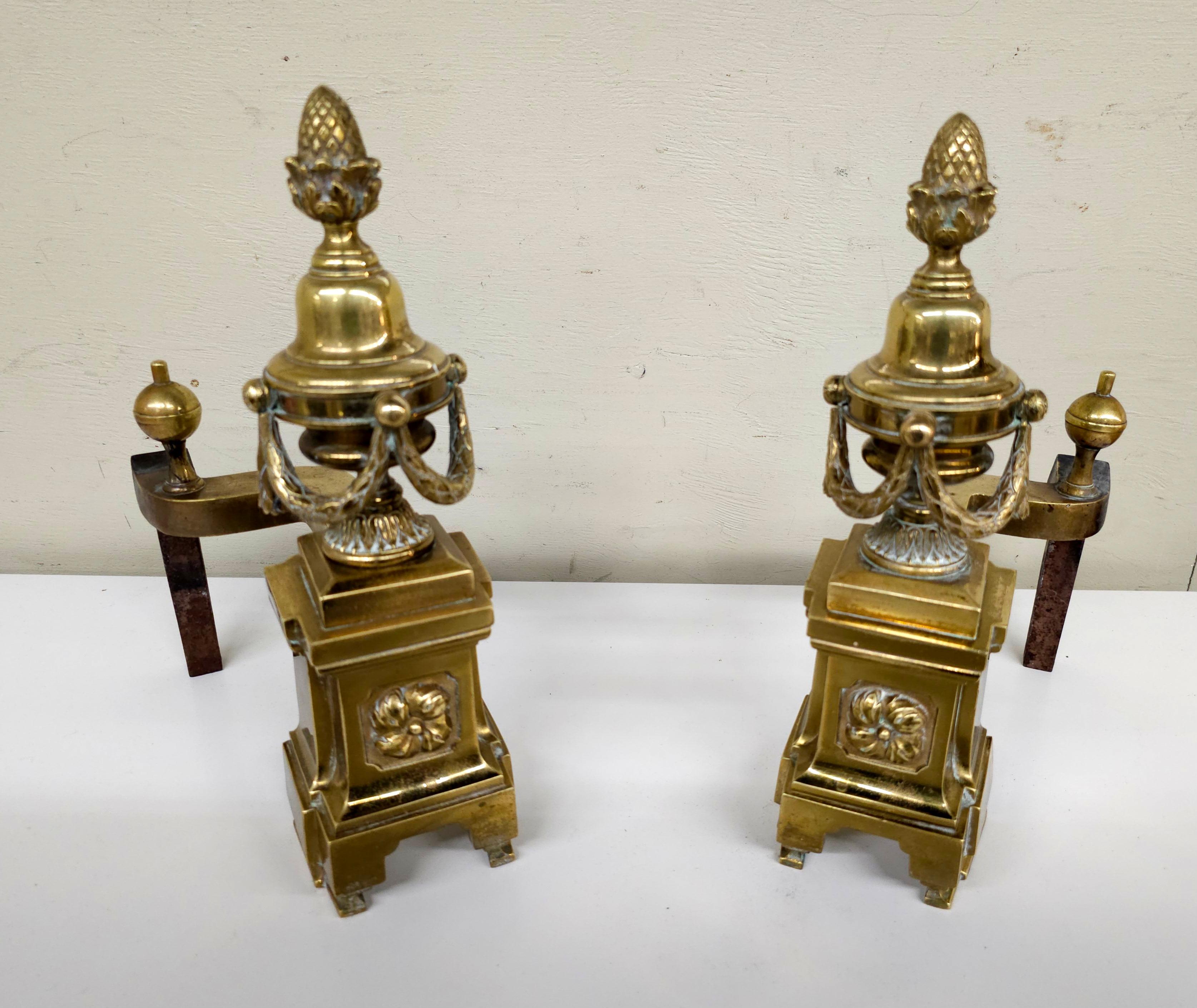 20th Century Pair of French Empire Louis XV Style Acorn and Swag Brass Andirons For Sale