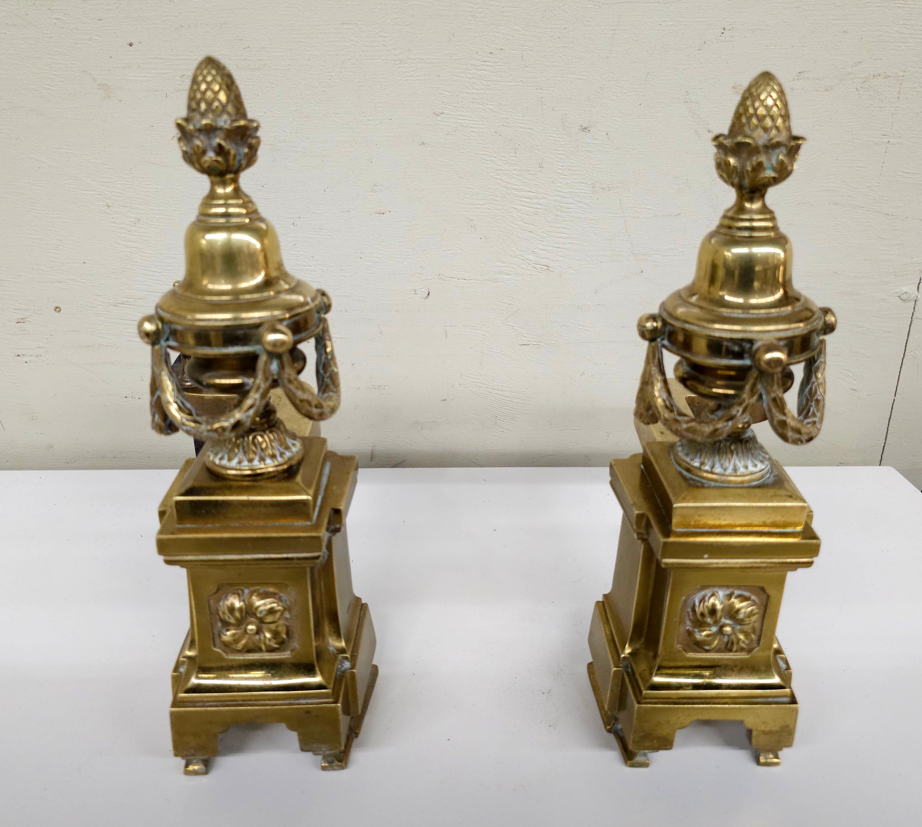 Pair of French Empire Louis XV Style Acorn and Swag Brass Andirons For Sale 1