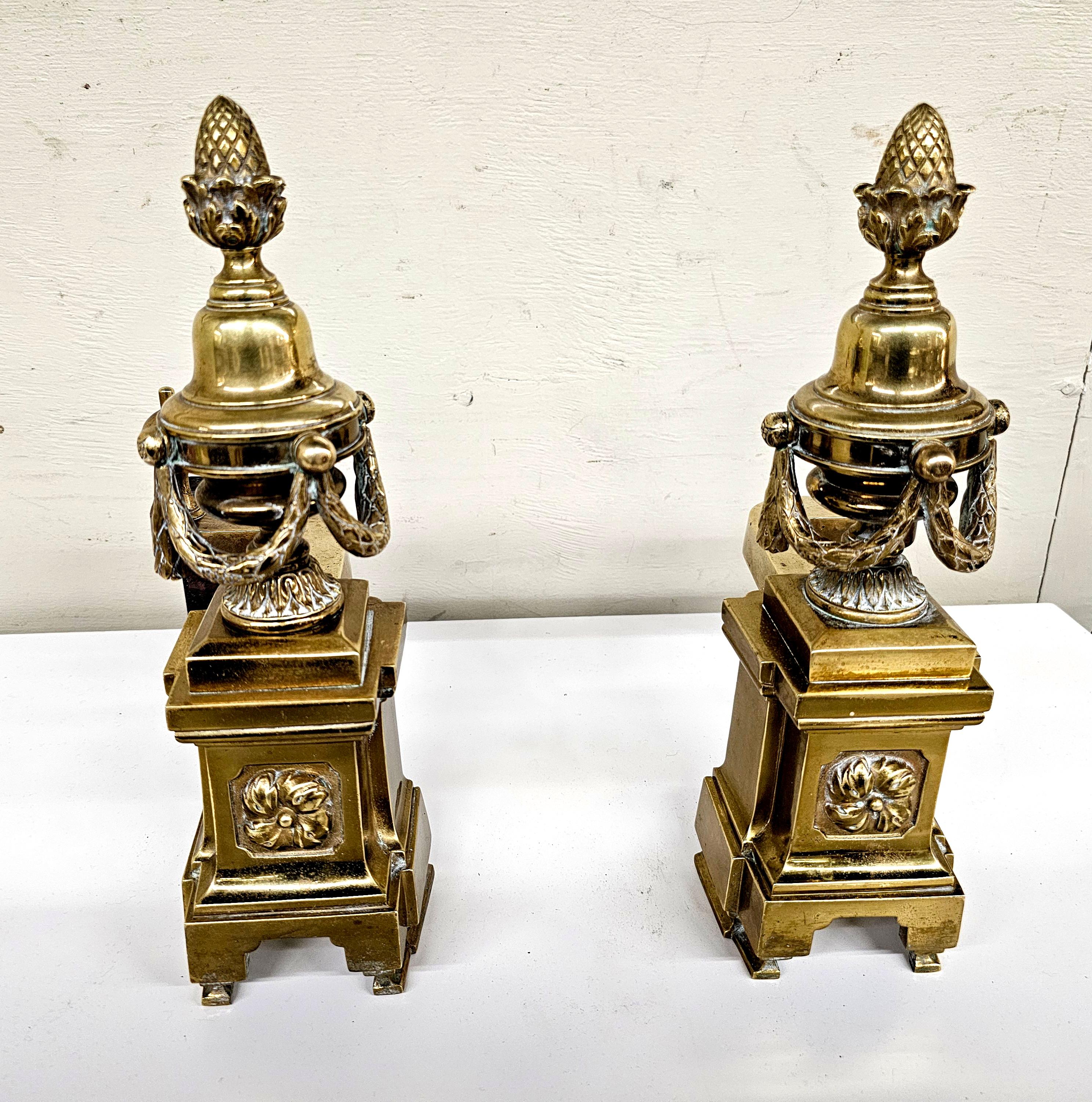 Pair of French Empire Louis XV Style Acorn and Swag Brass Andirons For Sale 3