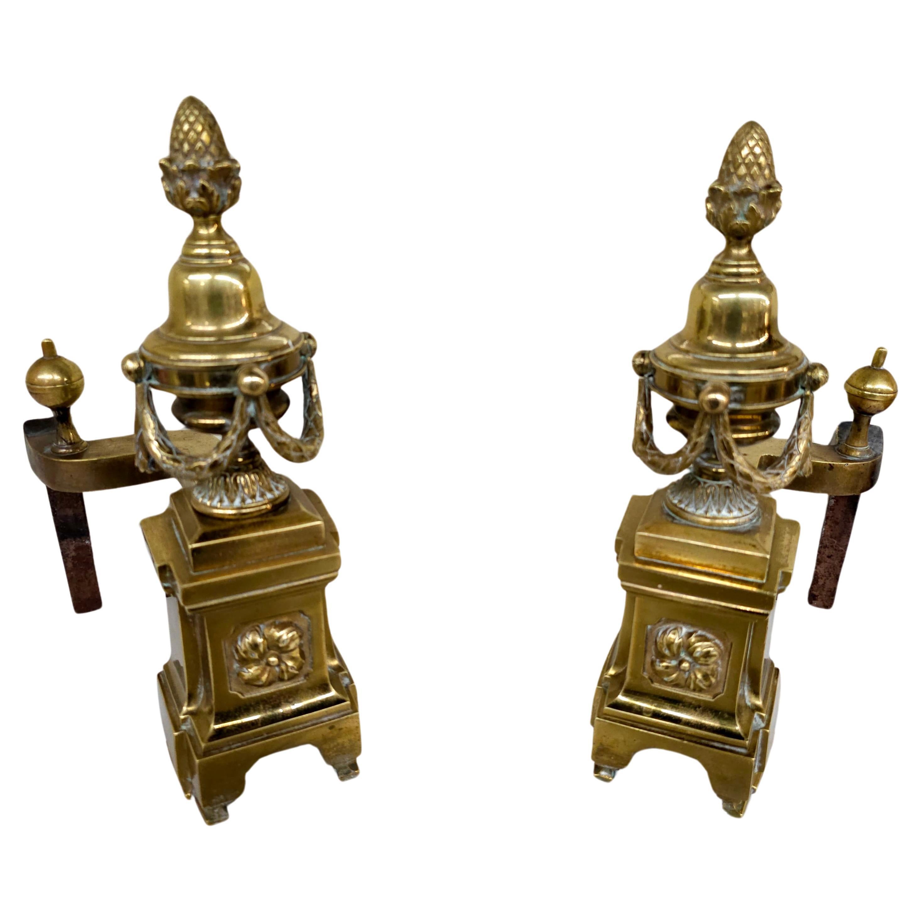 A Pair of French Empire Louis XV Style Acorn and Swag Brass Andirons. Measure 5