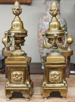 Antique Pair of French Empire Louis XV Style Acorn and Swag Brass Andirons