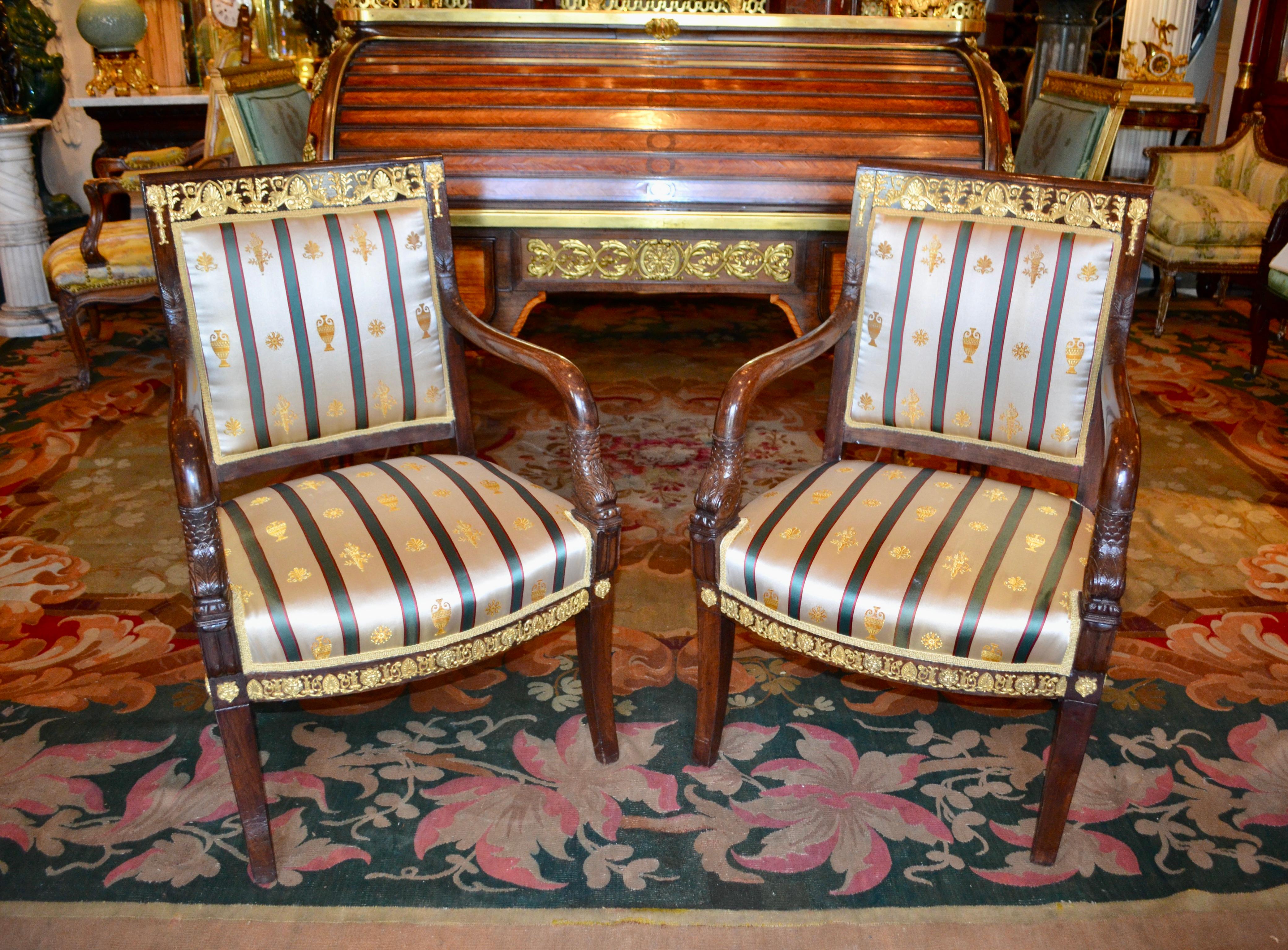 Pair of French Empire Mahogany and Gilt Bronze Mounted Armchairs For Sale 5