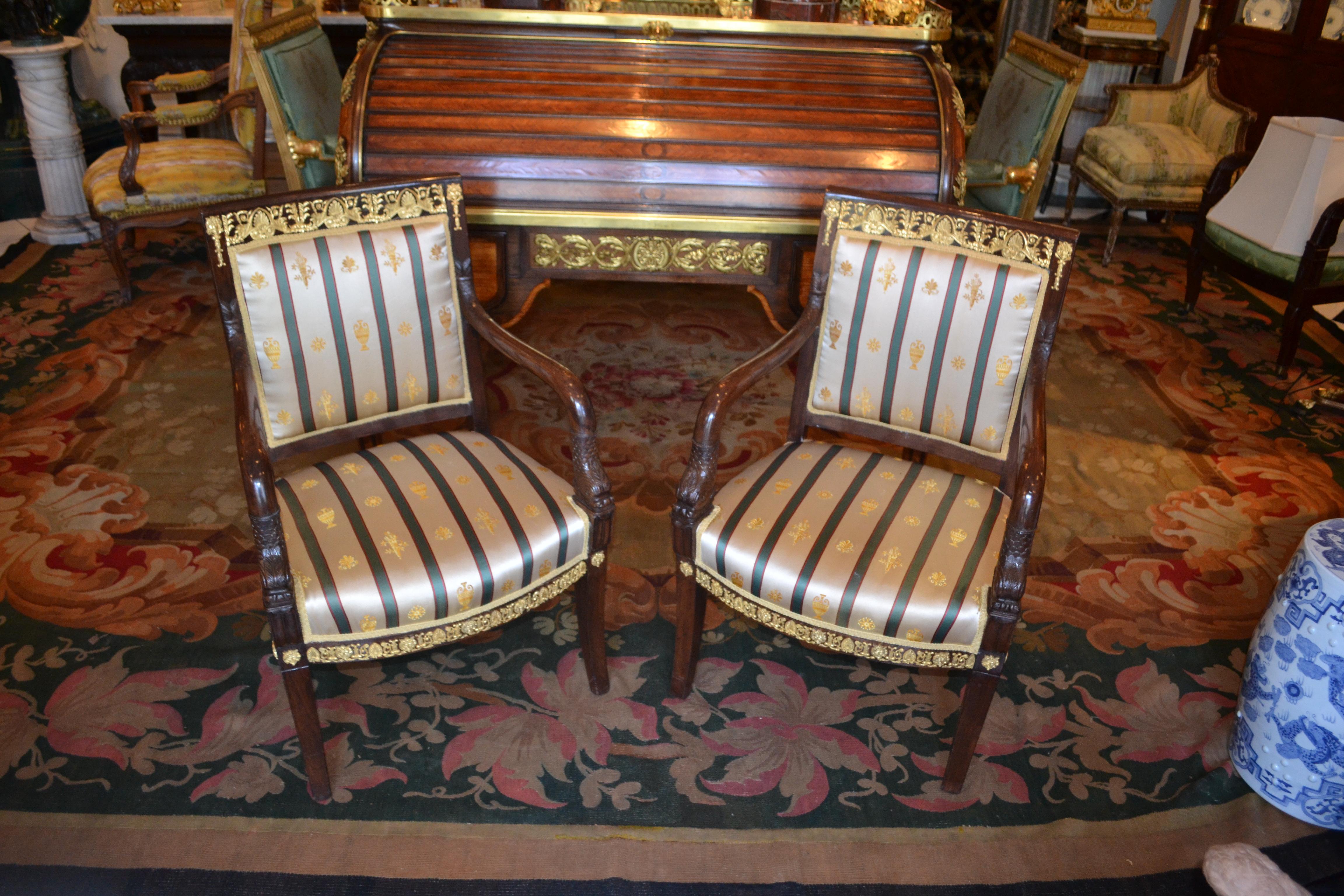 Pair of French Empire Mahogany and Gilt Bronze Mounted Armchairs For Sale 6