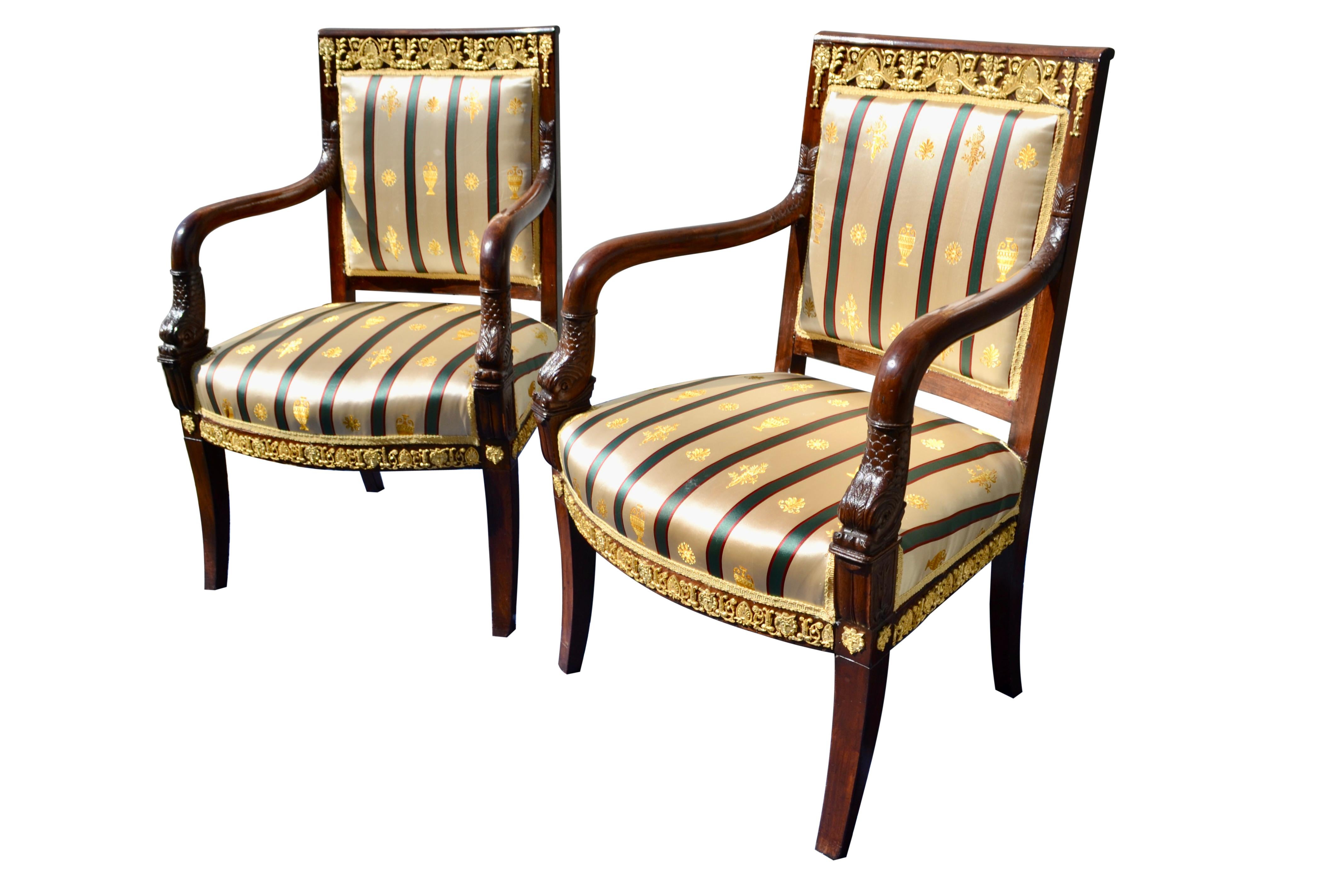 Hand-Crafted Pair of French Empire Mahogany and Gilt Bronze Mounted Armchairs For Sale