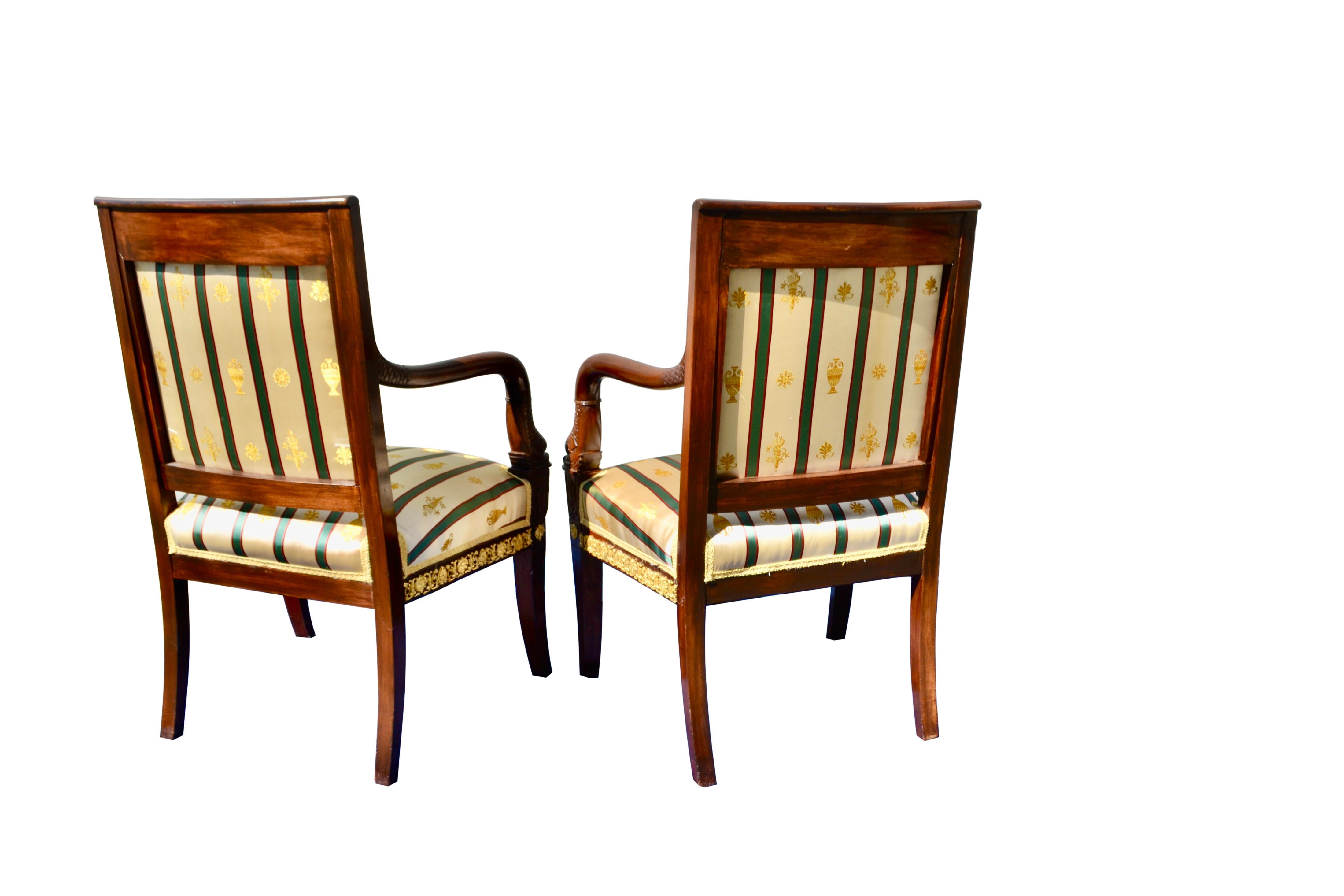 19th Century Pair of French Empire Mahogany and Gilt Bronze Mounted Armchairs For Sale