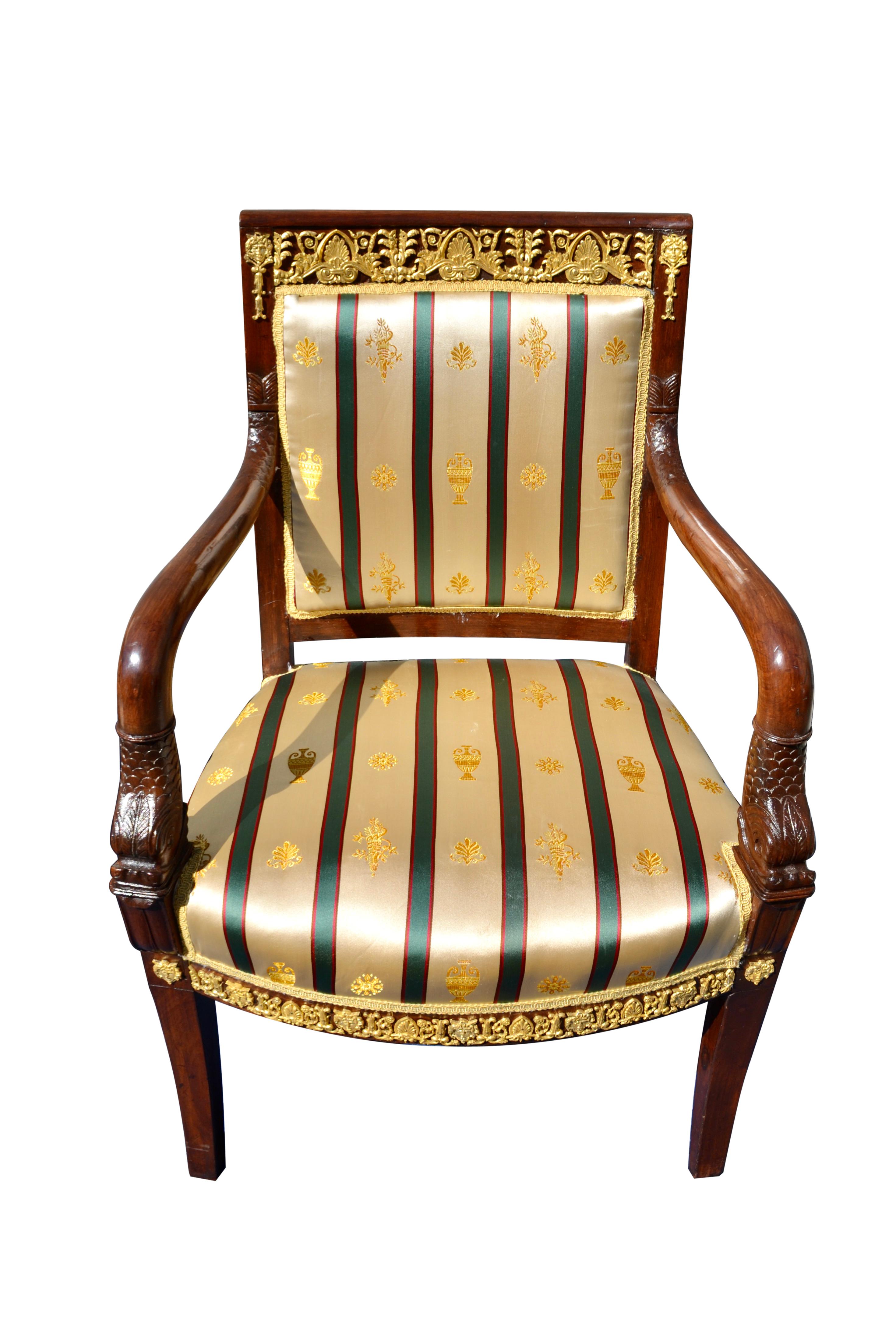 Silk Pair of French Empire Mahogany and Gilt Bronze Mounted Armchairs For Sale