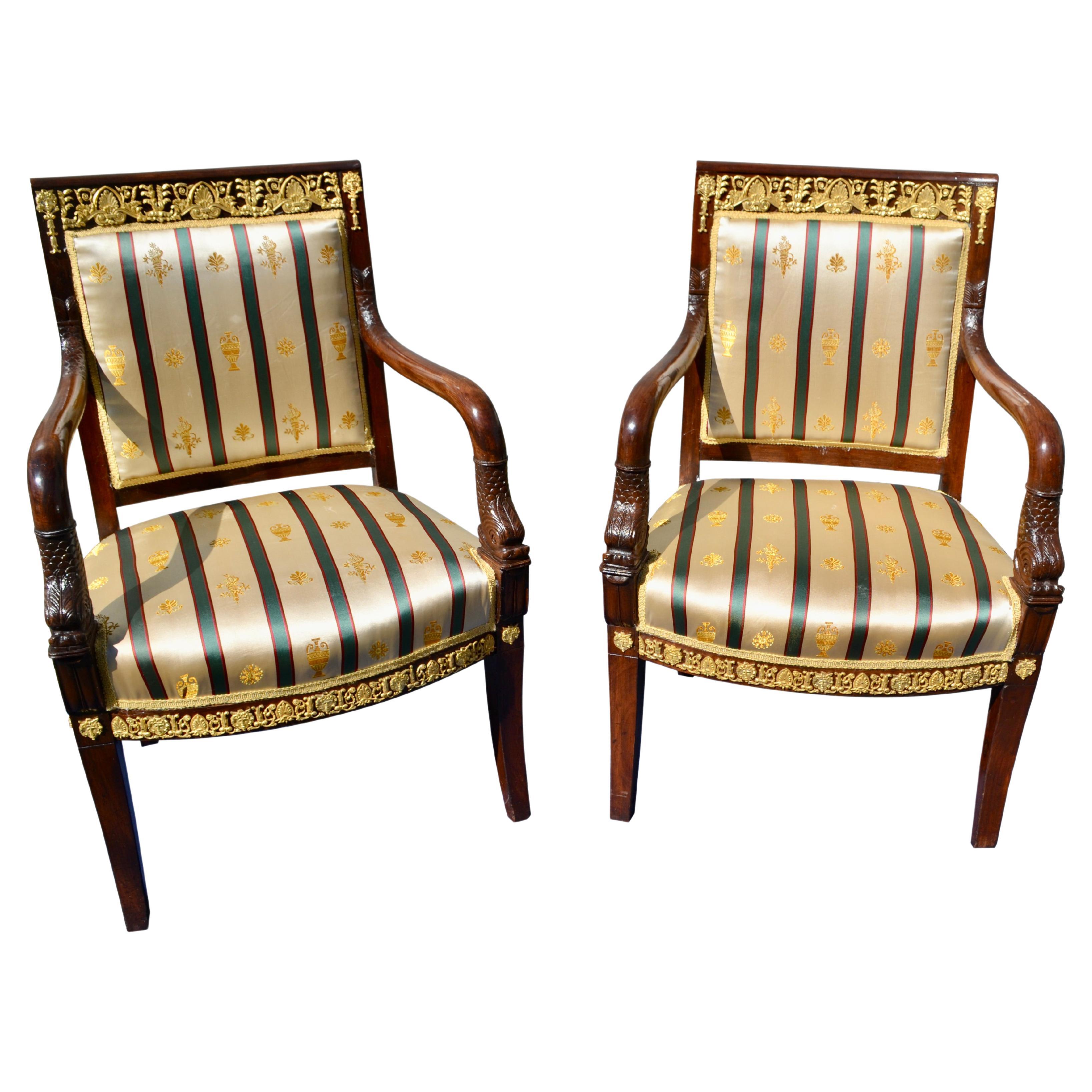 Pair of French Empire Mahogany and Gilt Bronze Mounted Armchairs For Sale