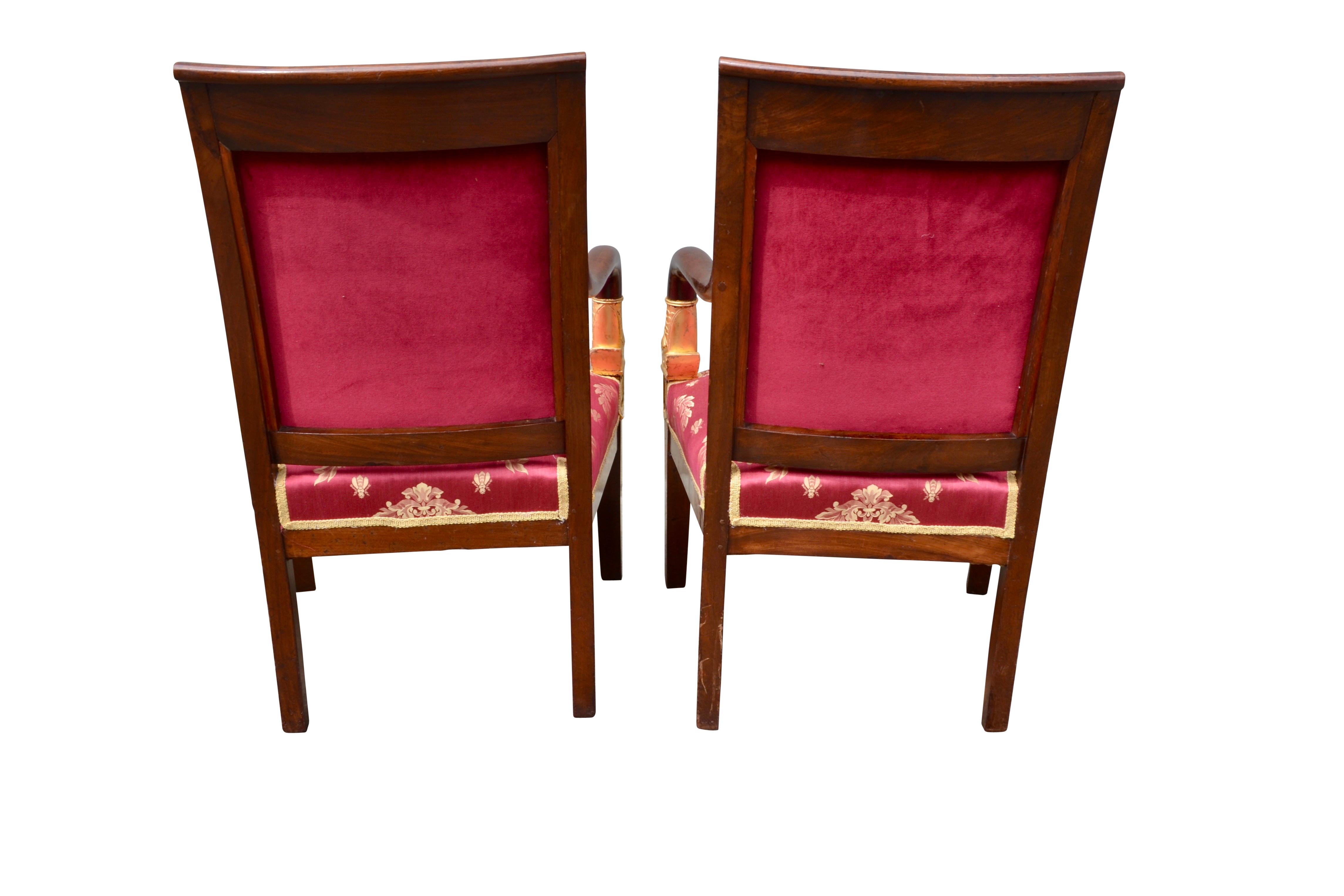 Pair of French Empire Mahogany Armchairs Accented by Gilded Dolphin Heads 6