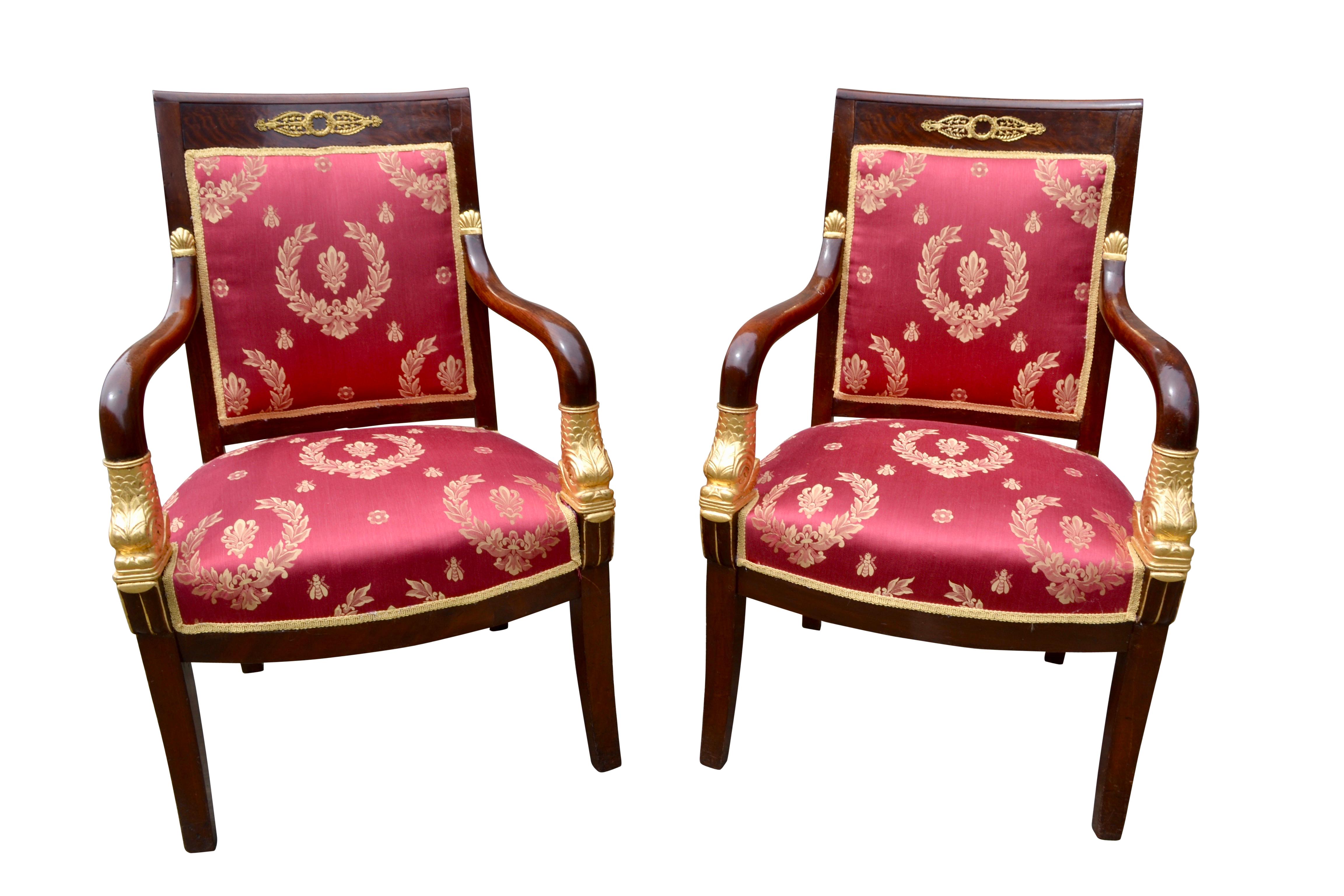 Pair of French Empire Mahogany Armchairs Accented by Gilded Dolphin Heads In Good Condition In Vancouver, British Columbia