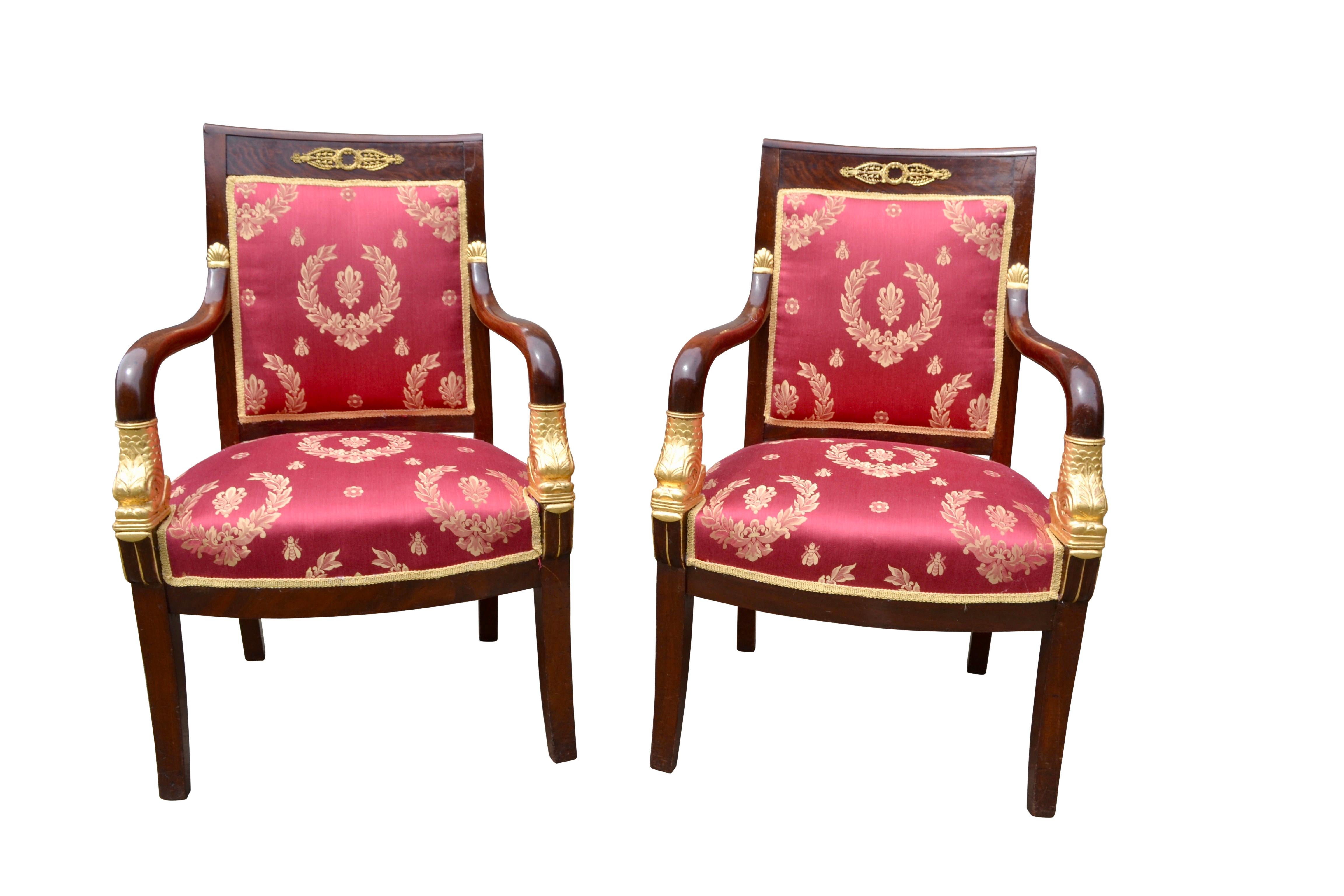 Pair of French Empire Mahogany Armchairs Accented by Gilded Dolphin Heads 1