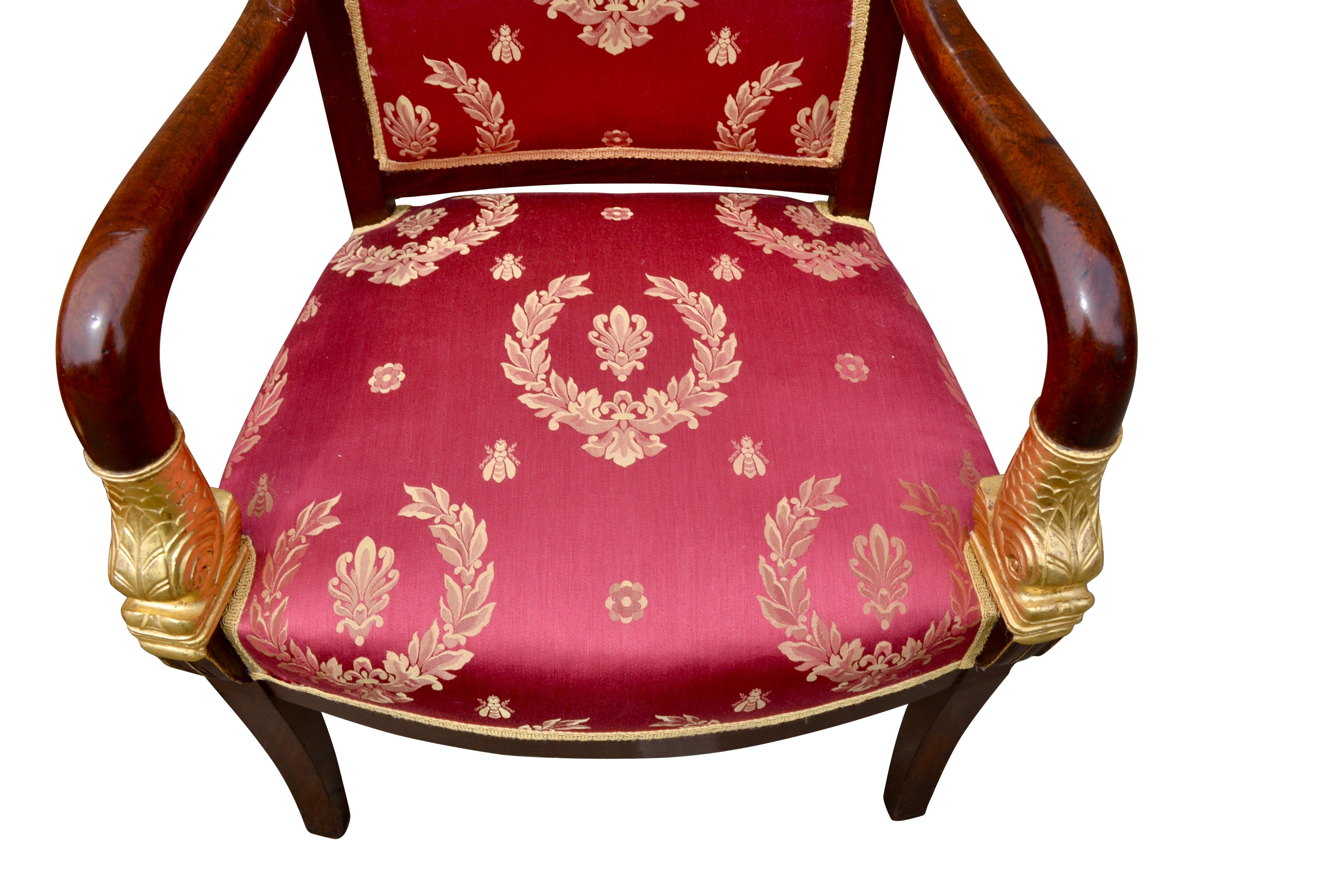 Pair of French Empire Mahogany Armchairs Accented by Gilded Dolphin Heads 2