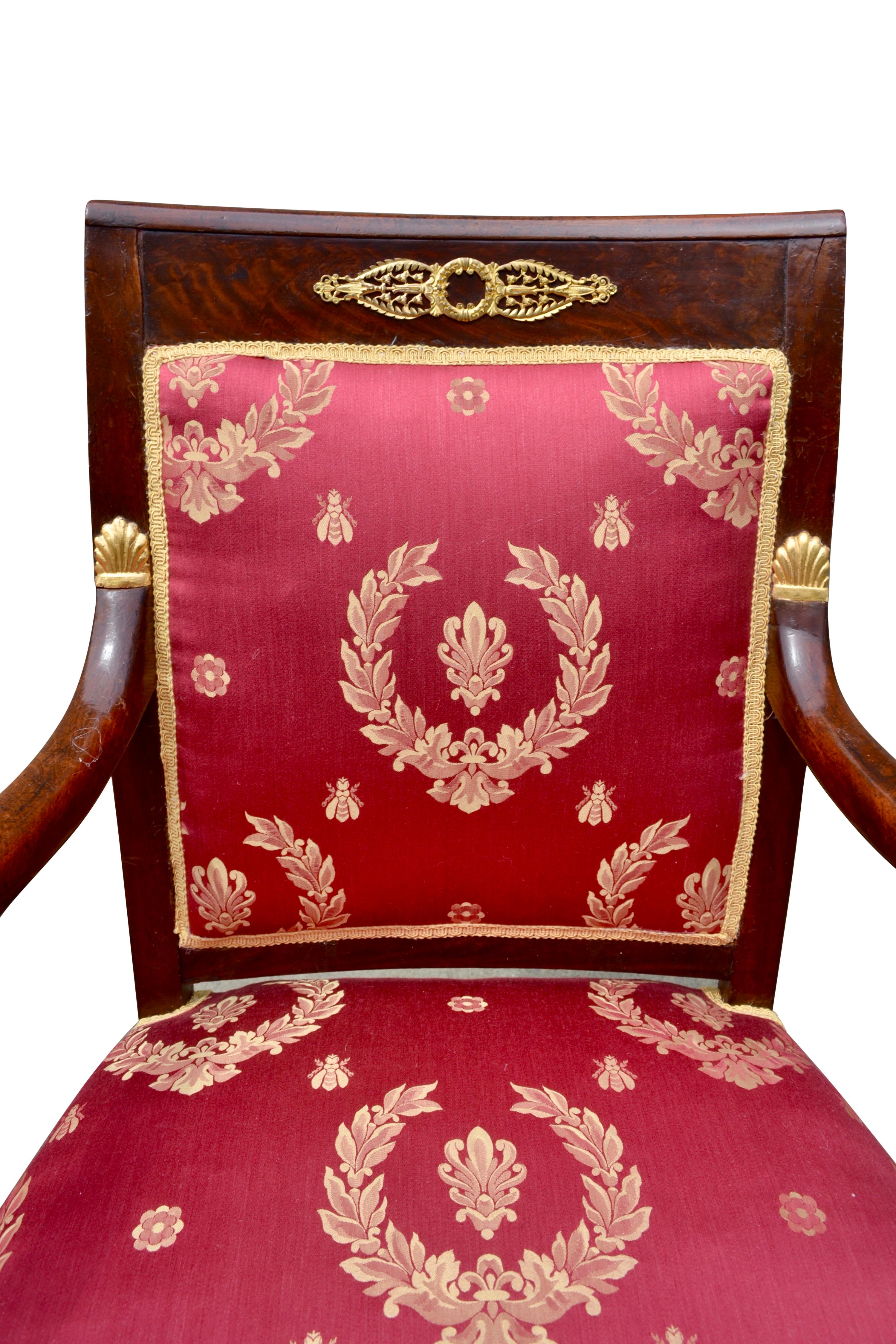 Pair of French Empire Mahogany Armchairs Accented by Gilded Dolphin Heads 3