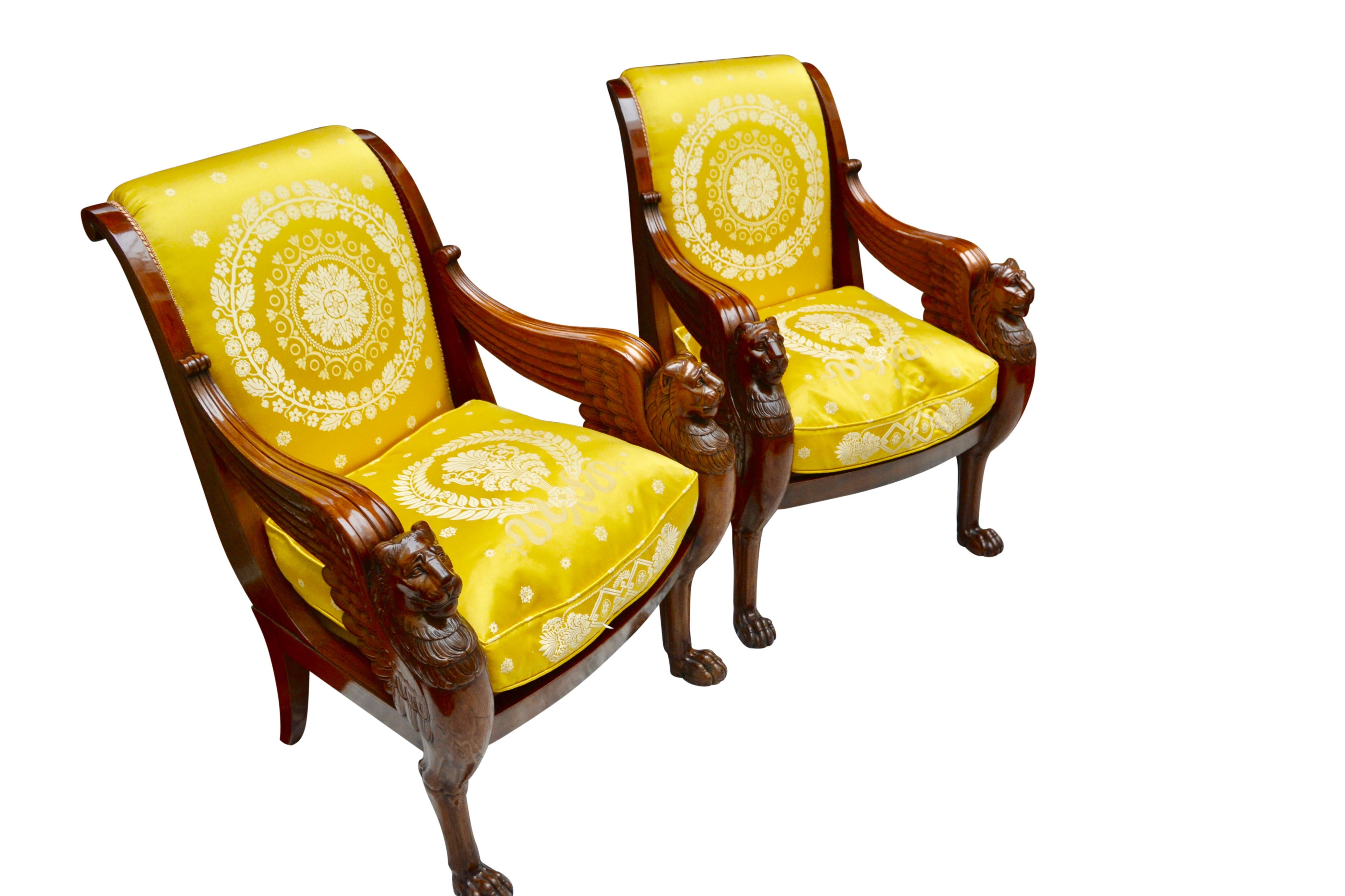Carved Pair of French Empire Mahogany Armchairs Attributed to Jacob Desmalter