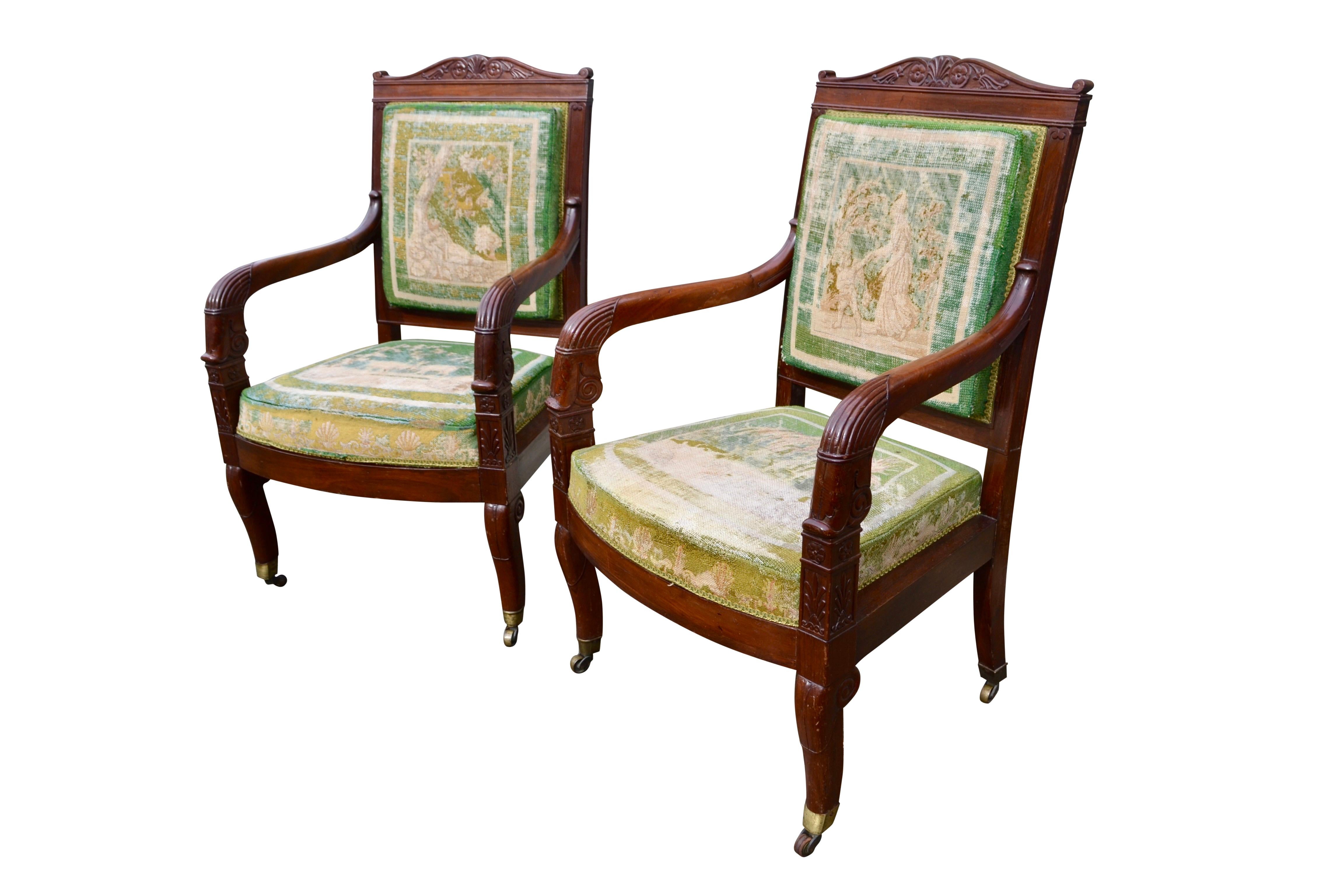 Hand-Carved Pair of French Empire Mahogany Armchairs One Stamped J Louis For Sale